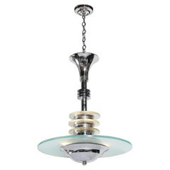 Used Art Deco Machine Age Chrome & Glass Pendant Chandelier