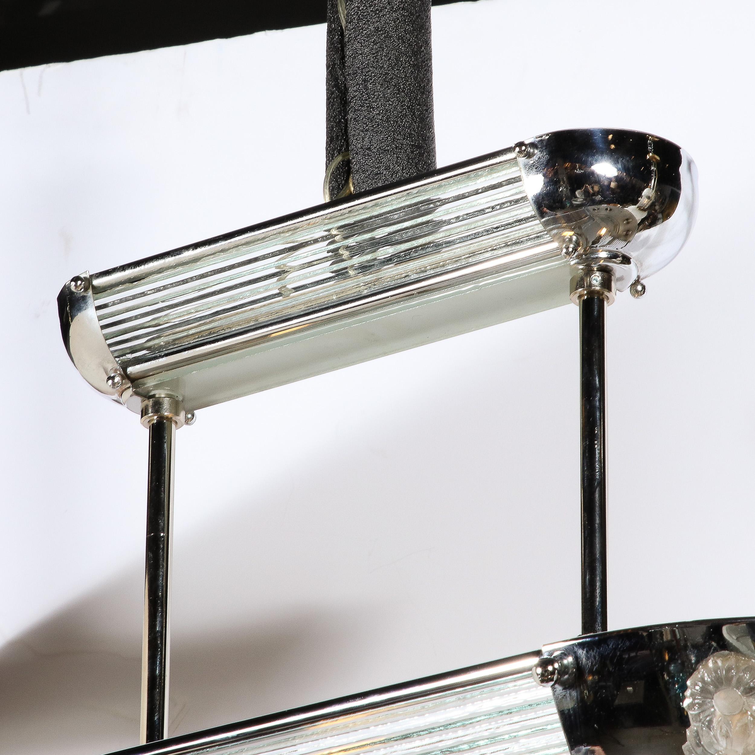 Mid-20th Century Art Deco Machine Age Chrome Glass Rod & Frosted Glass Chandelier by Petitot