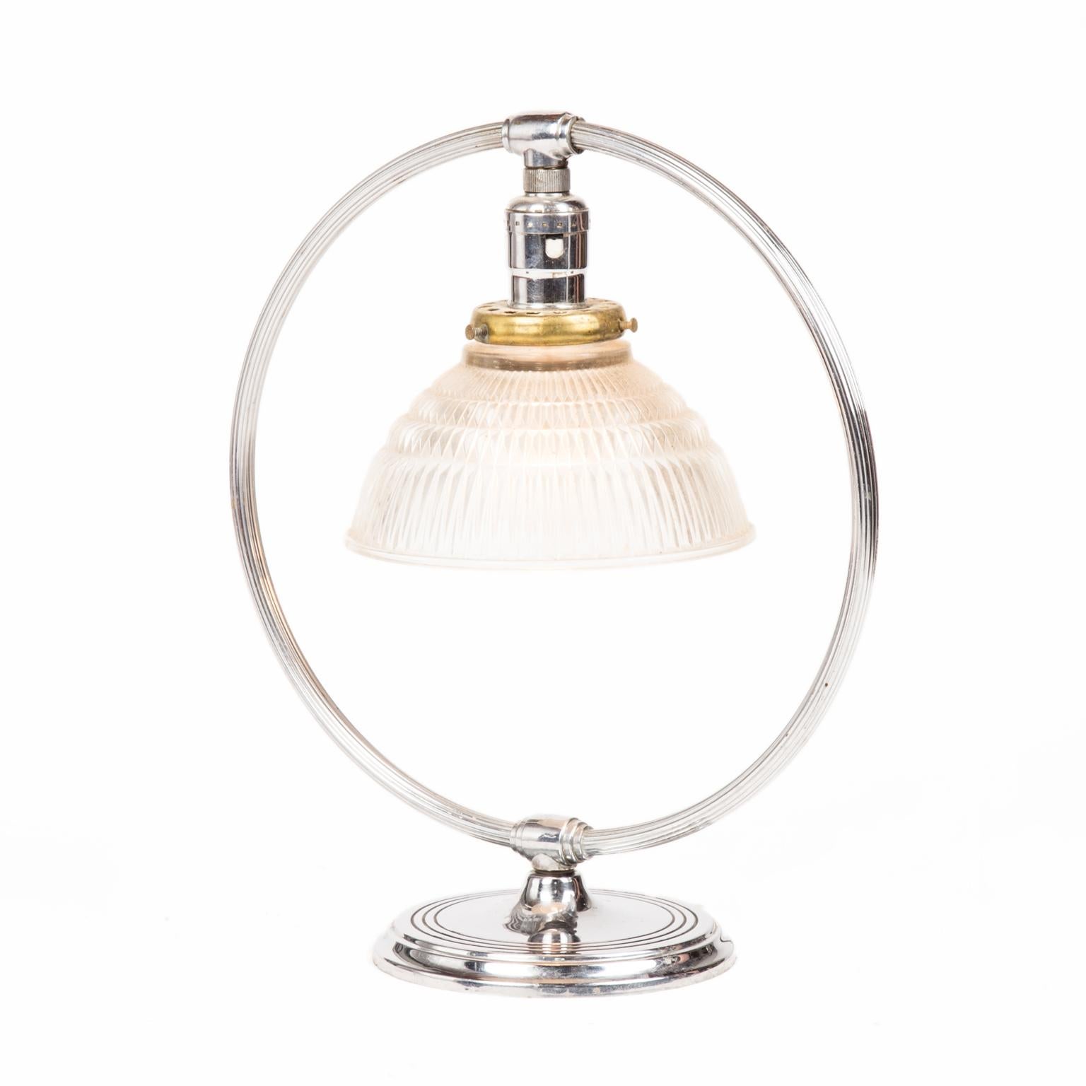 Machine Age chrome round table lamp known as the 