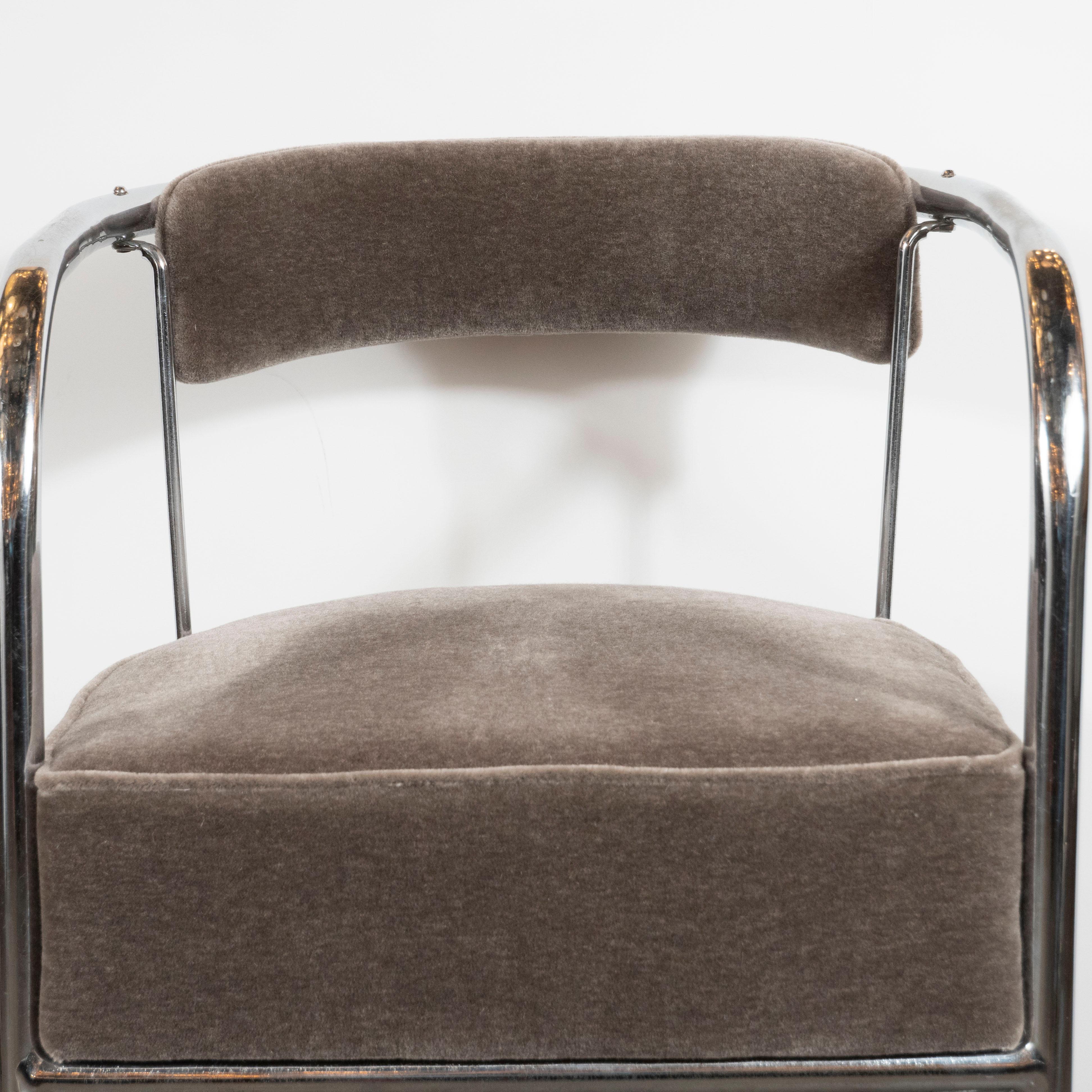 American Art Deco Machine Age Chrome Side Chair in Brown Topaz Mohair by Gilbert Rohde