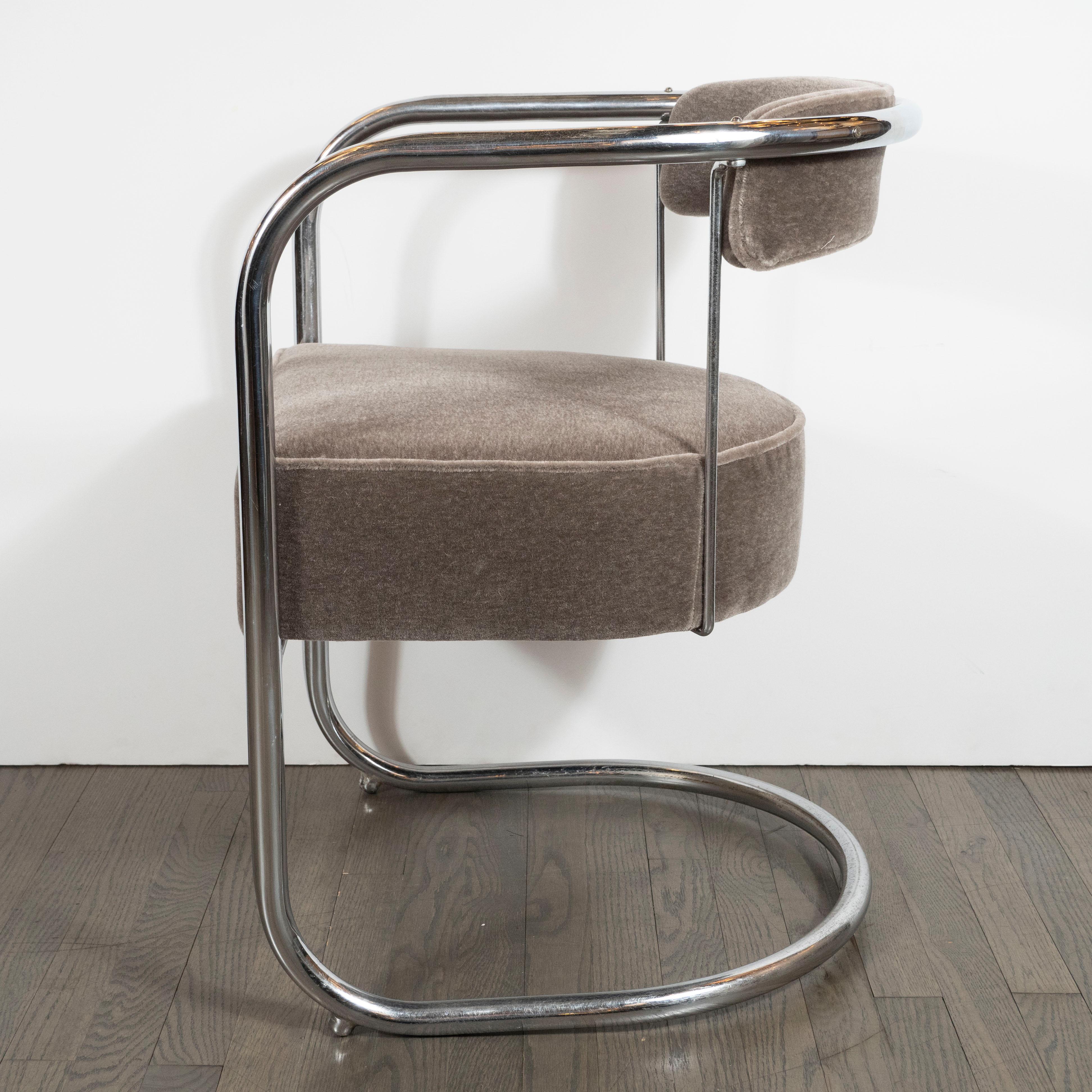 Art Deco Machine Age Chrome Side Chair in Brown Topaz Mohair by Gilbert Rohde In Excellent Condition In New York, NY