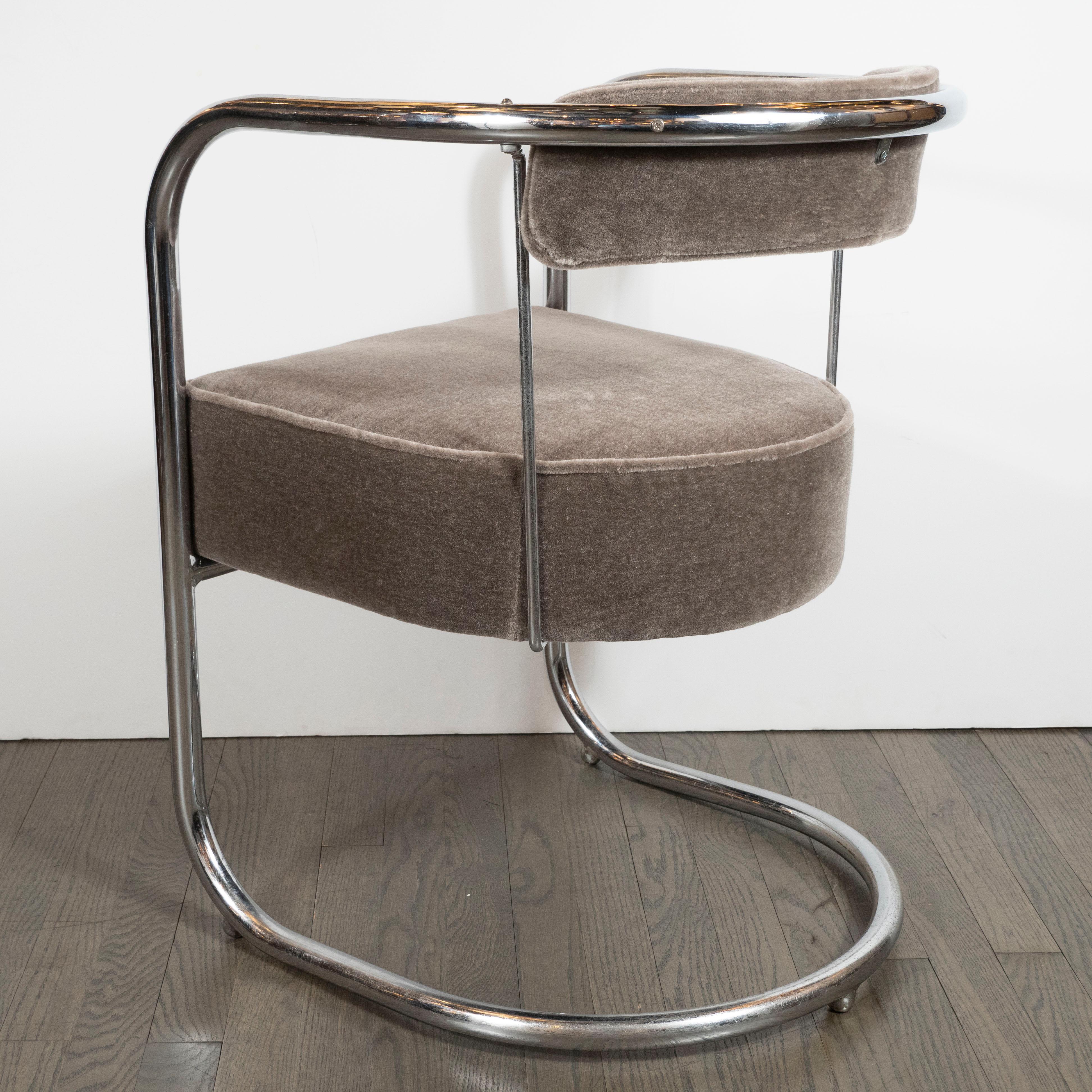 Mid-20th Century Art Deco Machine Age Chrome Side Chair in Brown Topaz Mohair by Gilbert Rohde