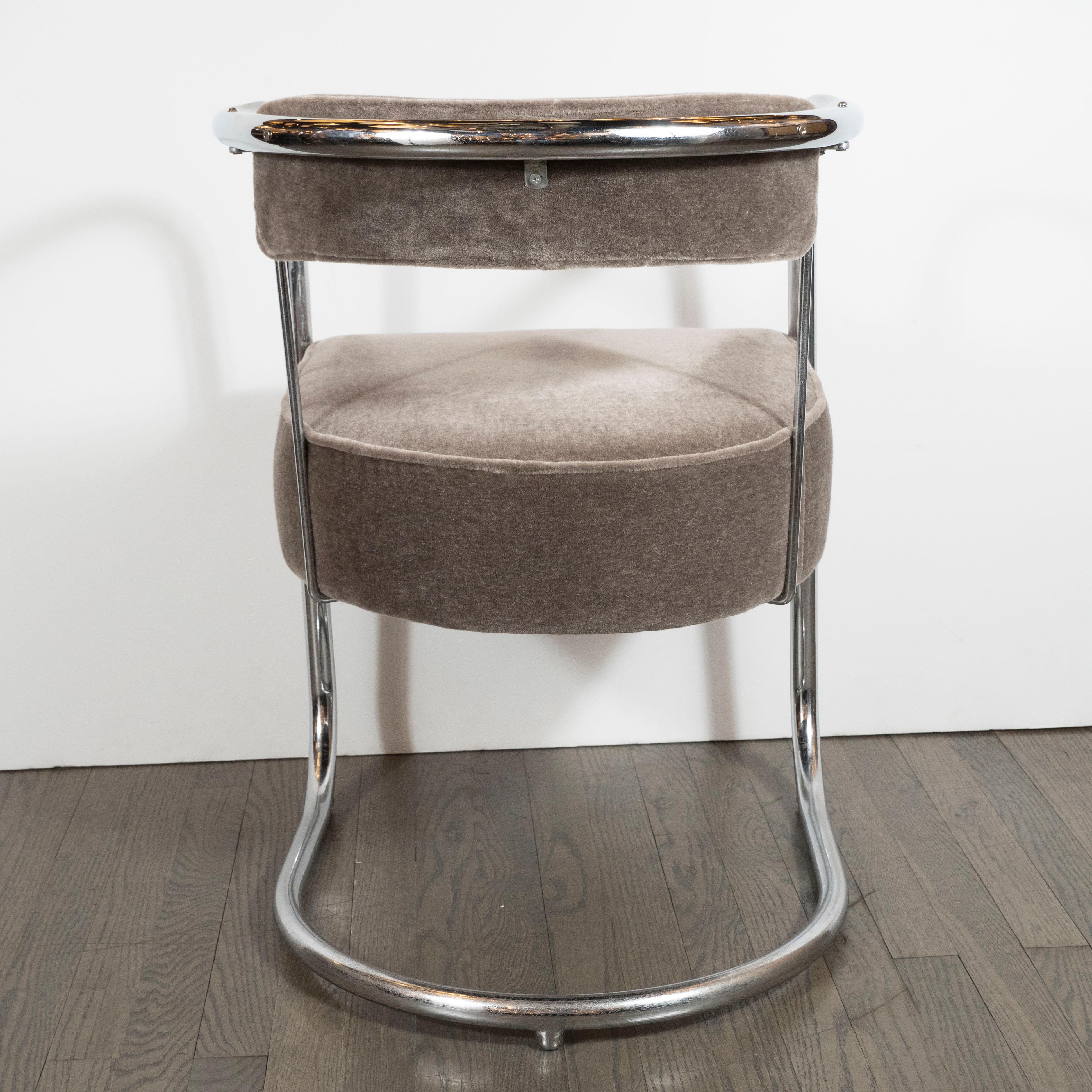 Steel Art Deco Machine Age Chrome Side Chair in Brown Topaz Mohair by Gilbert Rohde