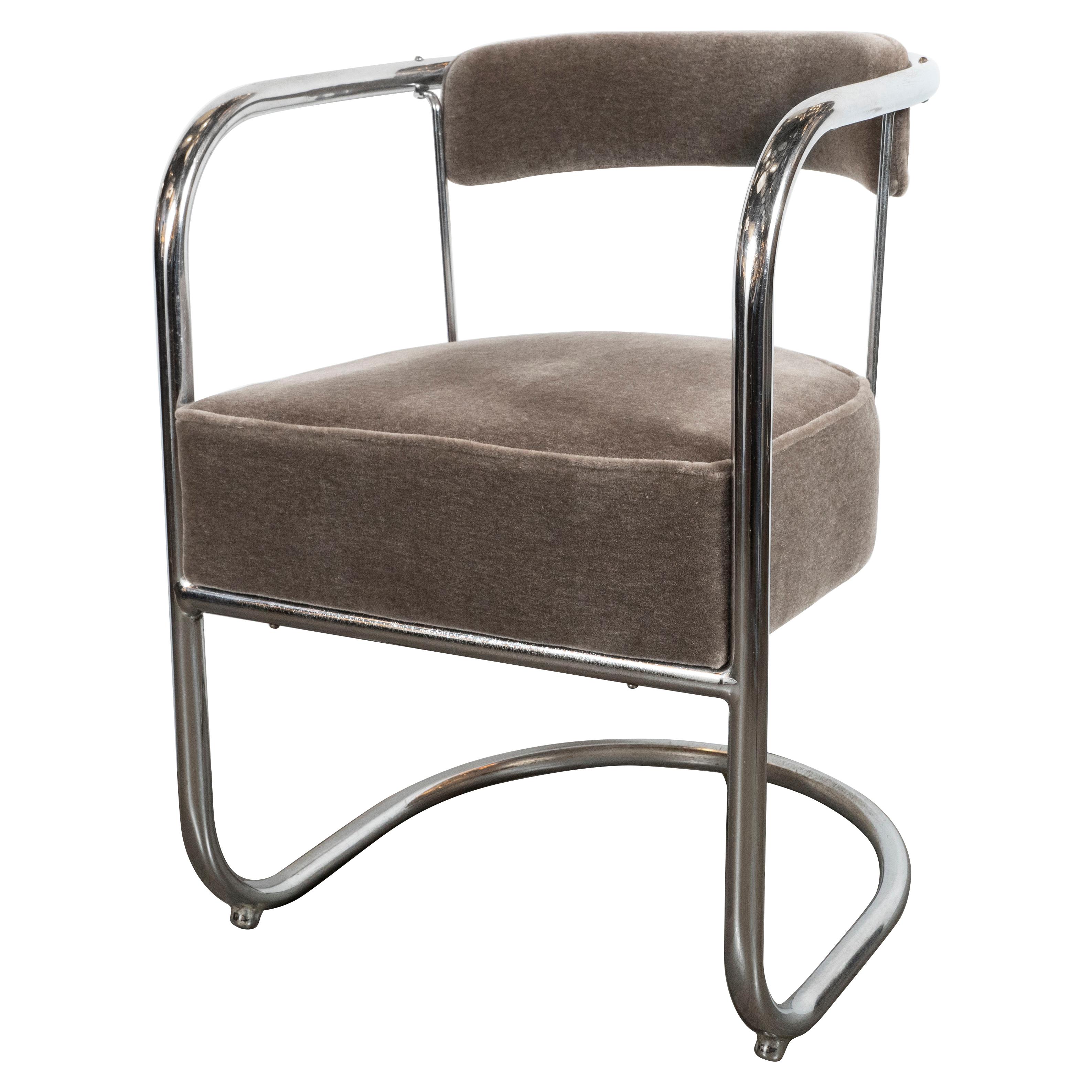 Art Deco Machine Age Chrome Side Chair in Brown Topaz Mohair by Gilbert Rohde