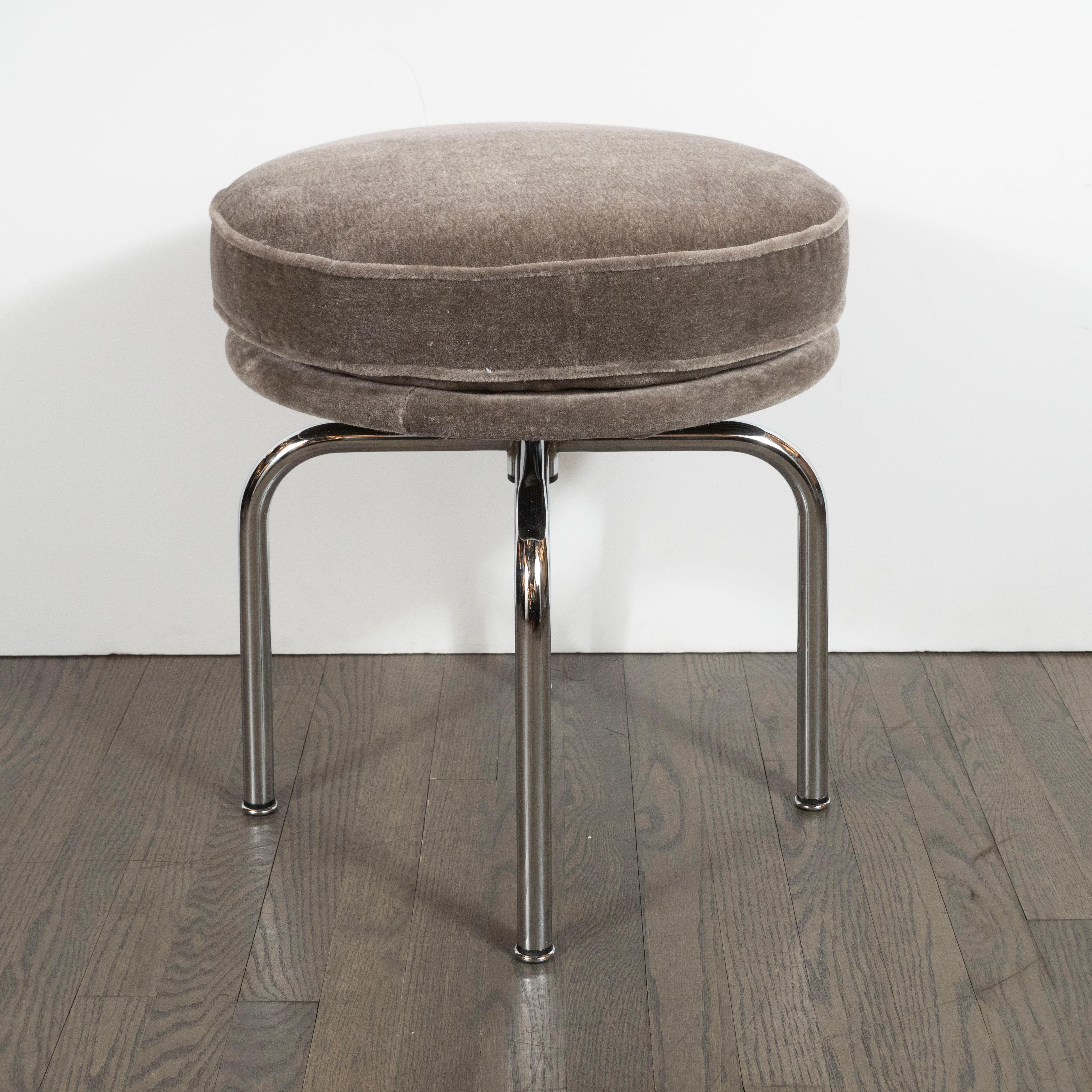 Art Deco Machine Age Chrome Swivel Stool in Brown Topaz Mohair by Gilbert Rohde In Excellent Condition In New York, NY