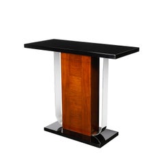 Art Deco Machine Age Console Table in Walnut, Lacquer & Banded Nickeled Supports