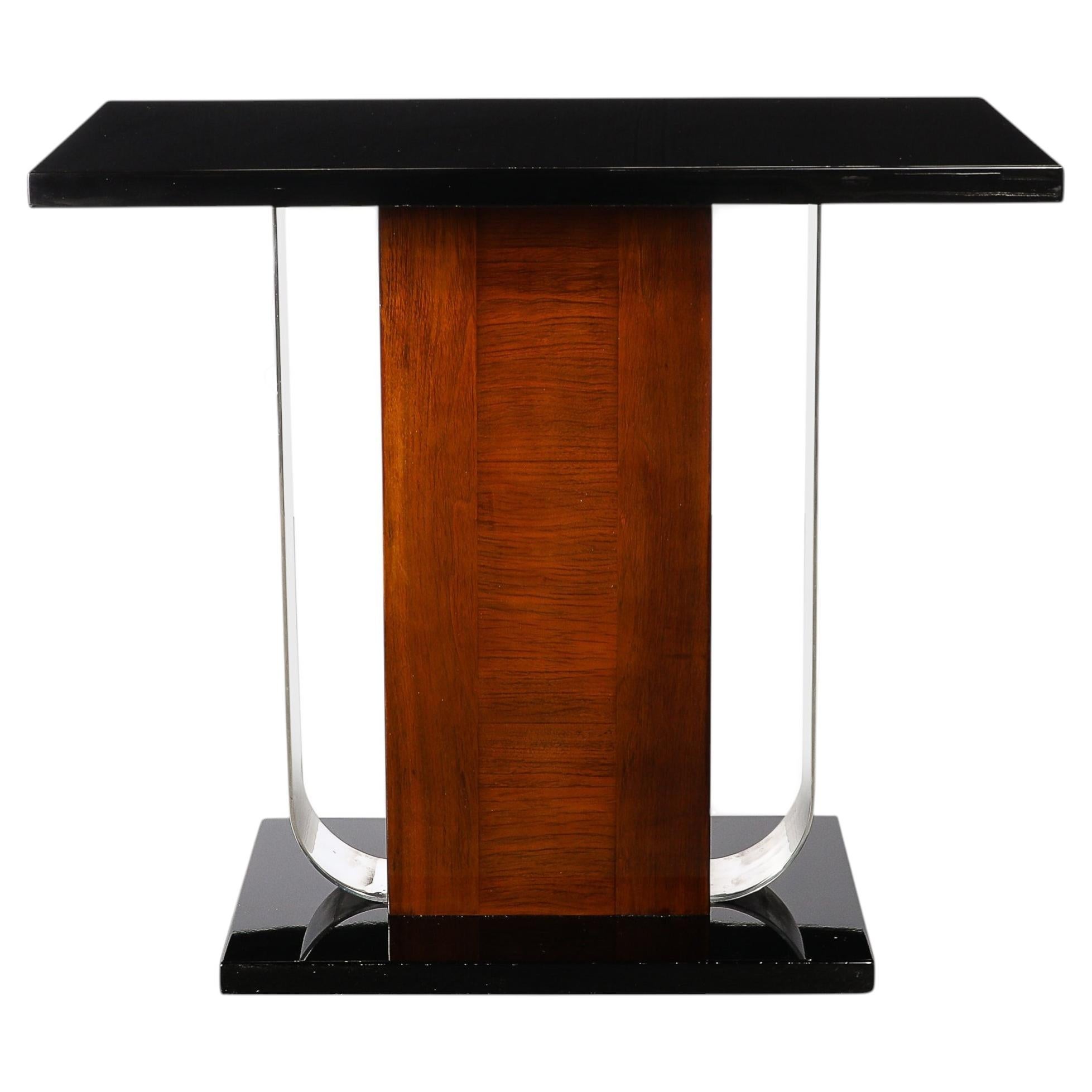 Art Deco Machine Age Console Table in Walnut, Lacquer & Banded Nickeled Supports