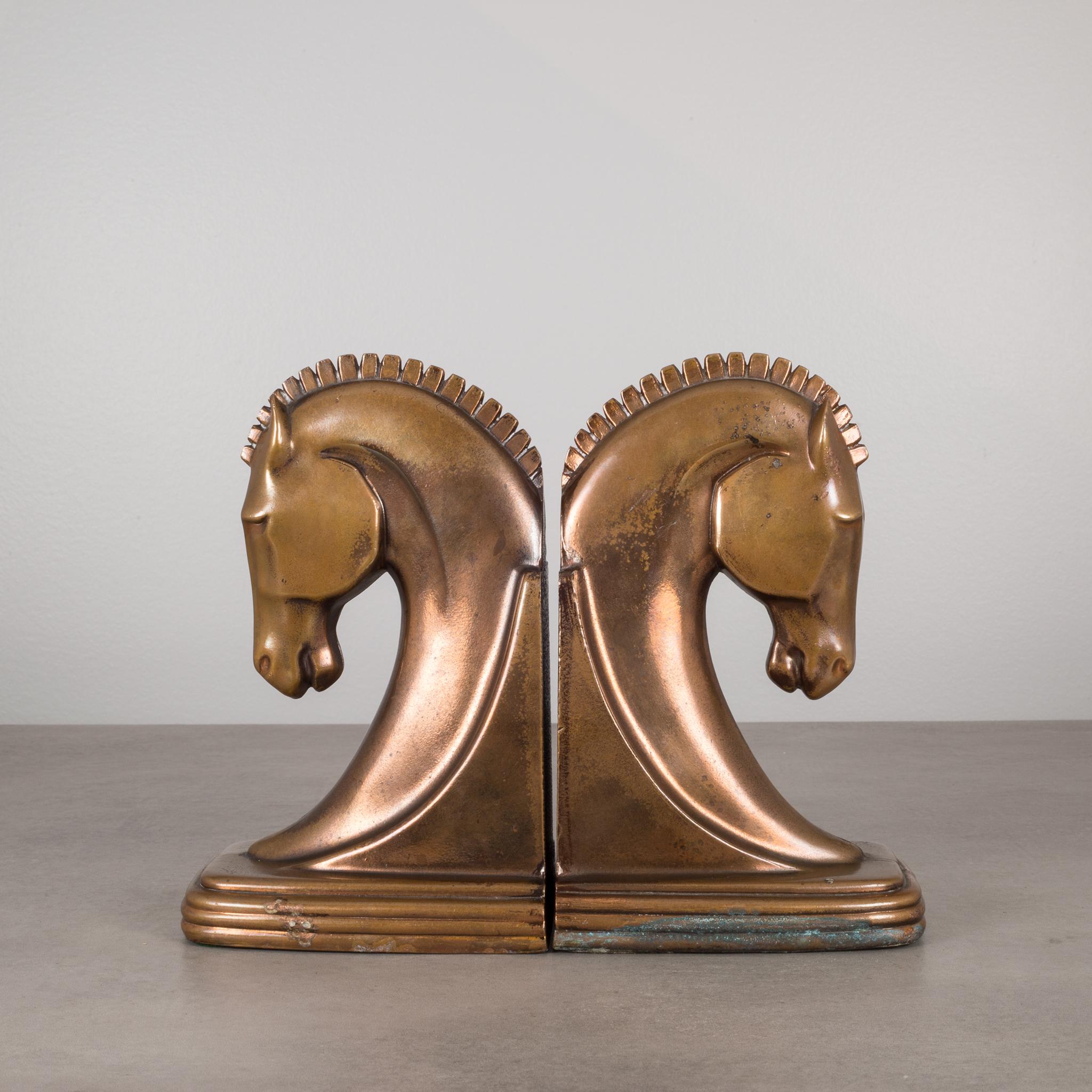 20th Century Art Deco Machine Age Copper Plated Trojan Horse Bookends by Dodge c. 1930