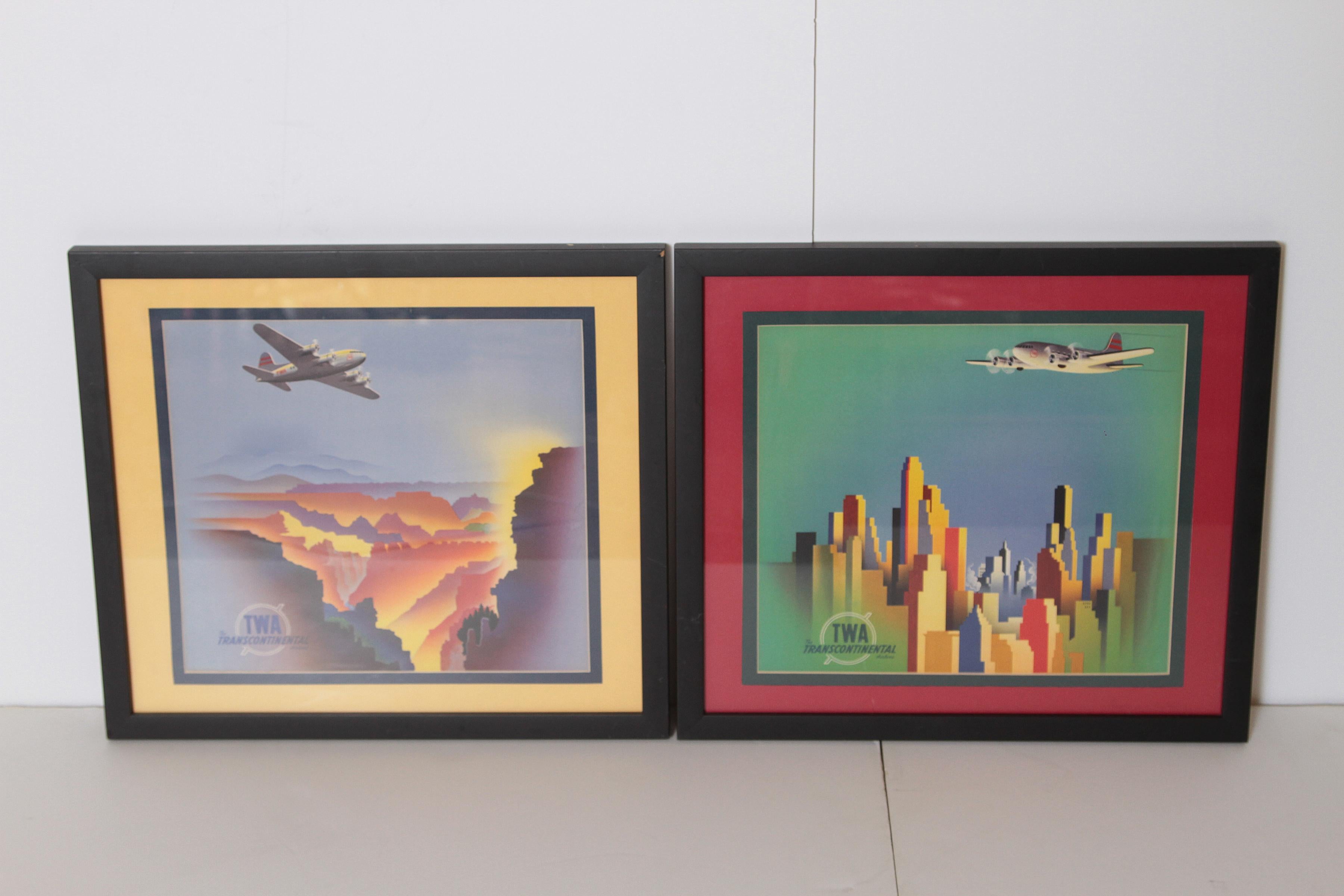 Art Deco Machine Age Cubist TWA  Posters / Placards, 1930s DC 3 Pair.  Transworld Airlines.  Trans World.

Featuring TWA's transcontinental DC 3 or the like flying over stylized modernist skyscraper visions of New York City and the Grand Canyon.