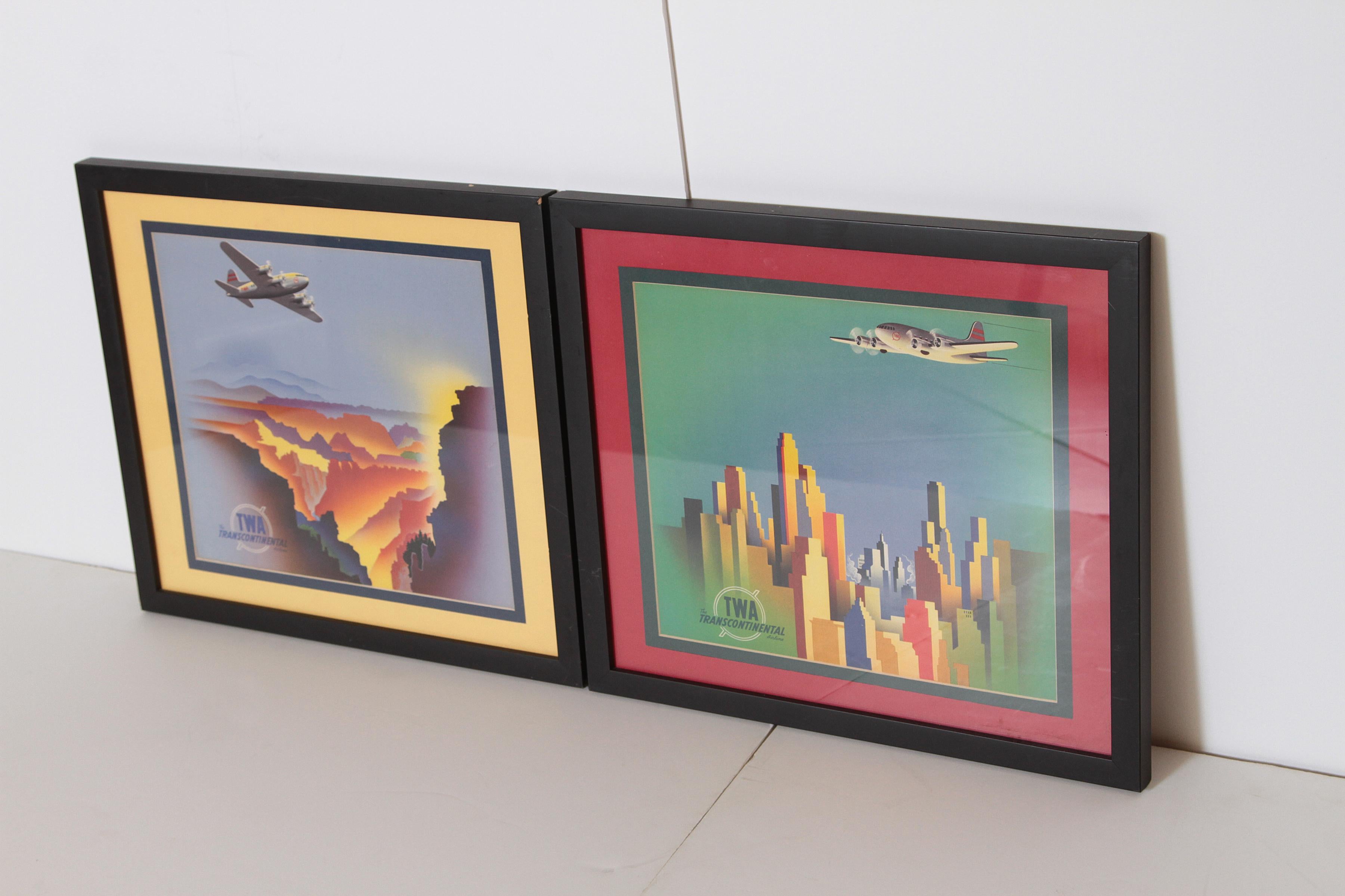 Lacquered Art Deco Machine Age Cubist TWA  Posters / Placards, 1930s DC 3 Pair