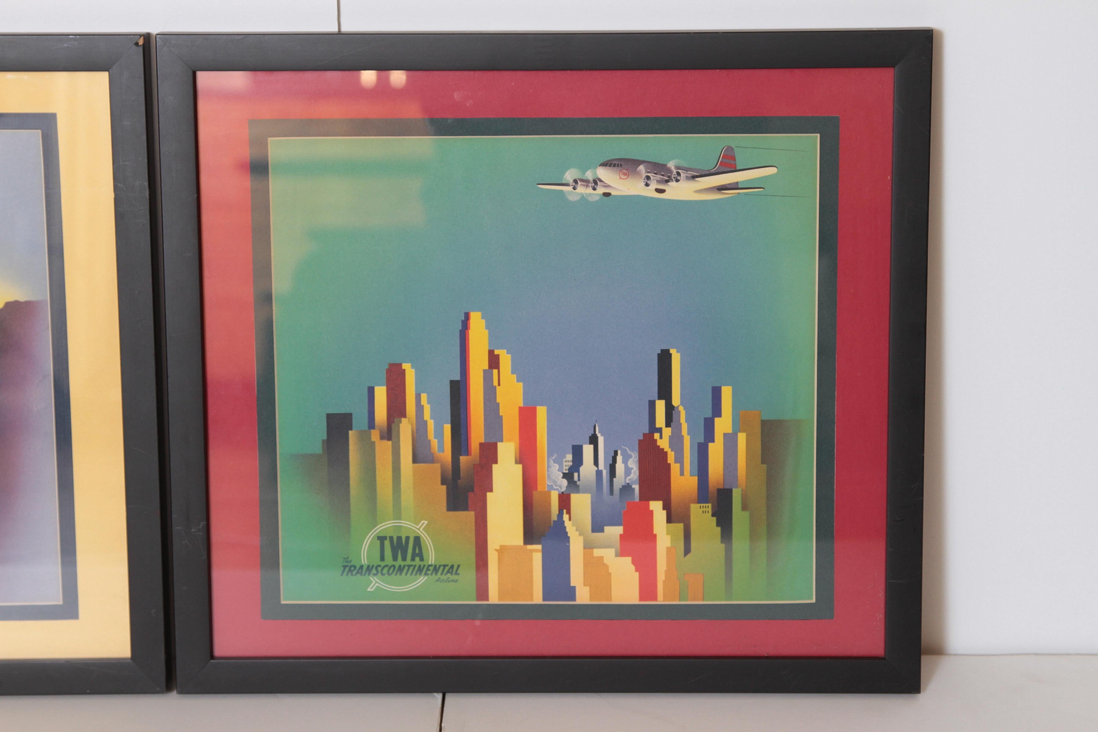 Art Deco Machine Age Cubist TWA  Posters / Placards, 1930s DC 3 Pair In Good Condition In Dallas, TX