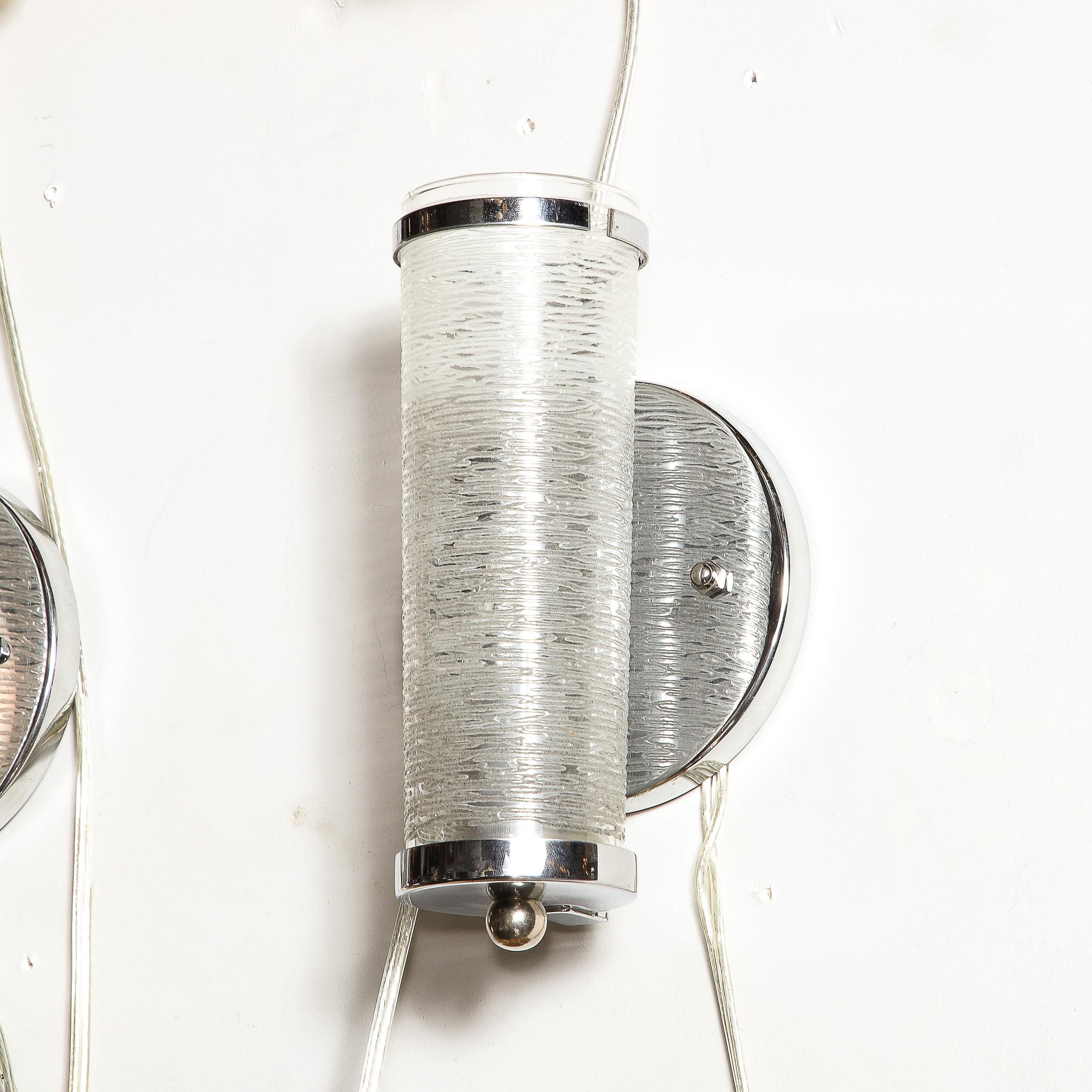 Appliques cylindriques en verre textur de l're de la machine Art Dco avec raccords chroms  en vente 4