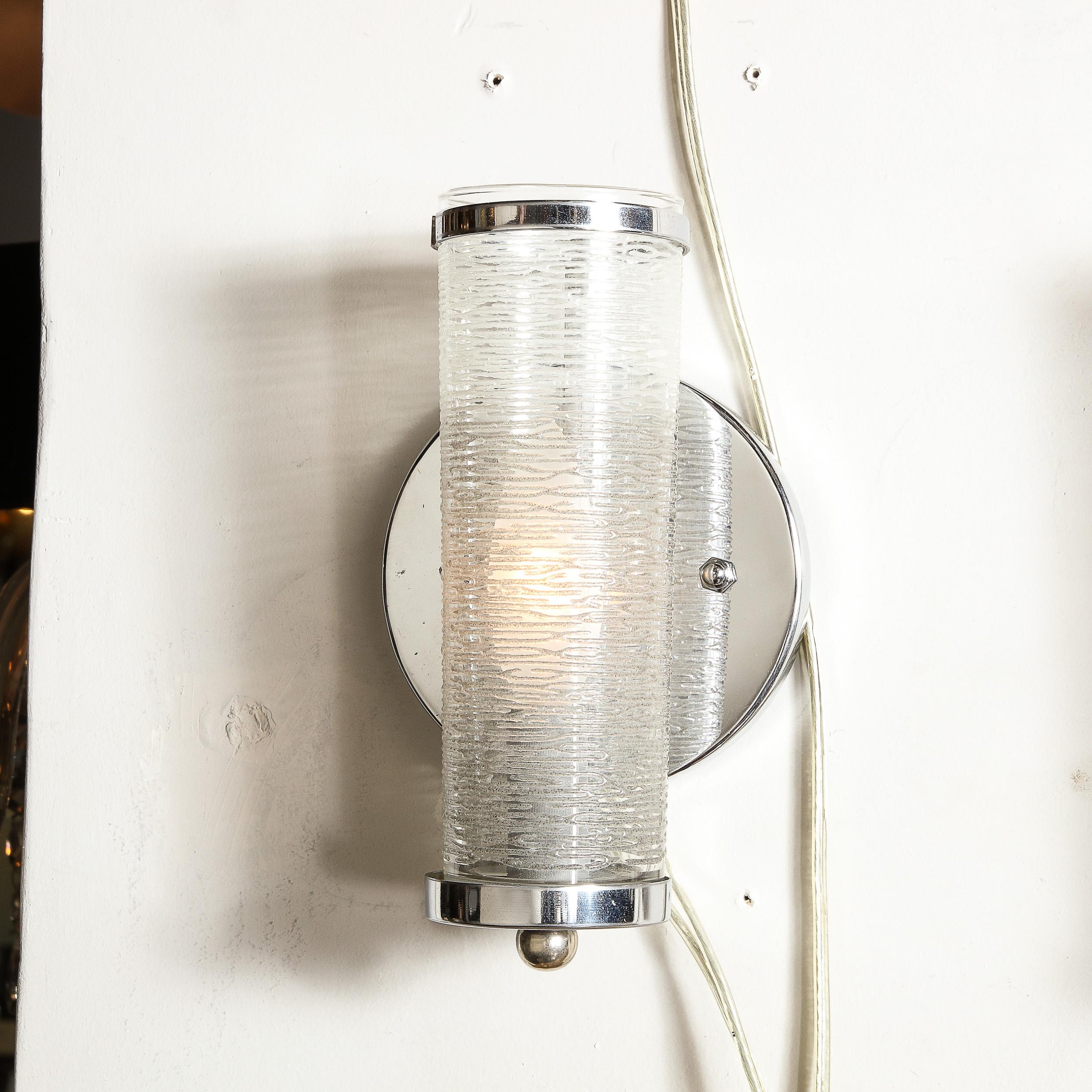 Mid-20th Century Art Deco Machine Age Cylindrical Textured Glass Sconces with Chrome Fittings  For Sale