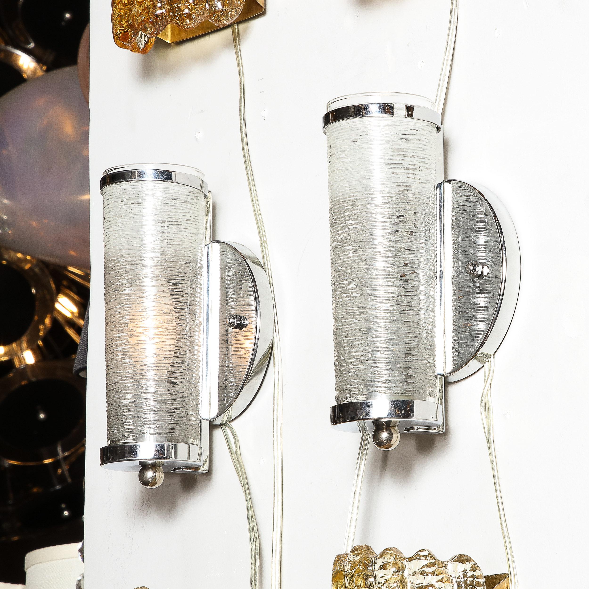 Art Deco Machine Age Cylindrical Textured Glass Sconces with Chrome Fittings  For Sale 3