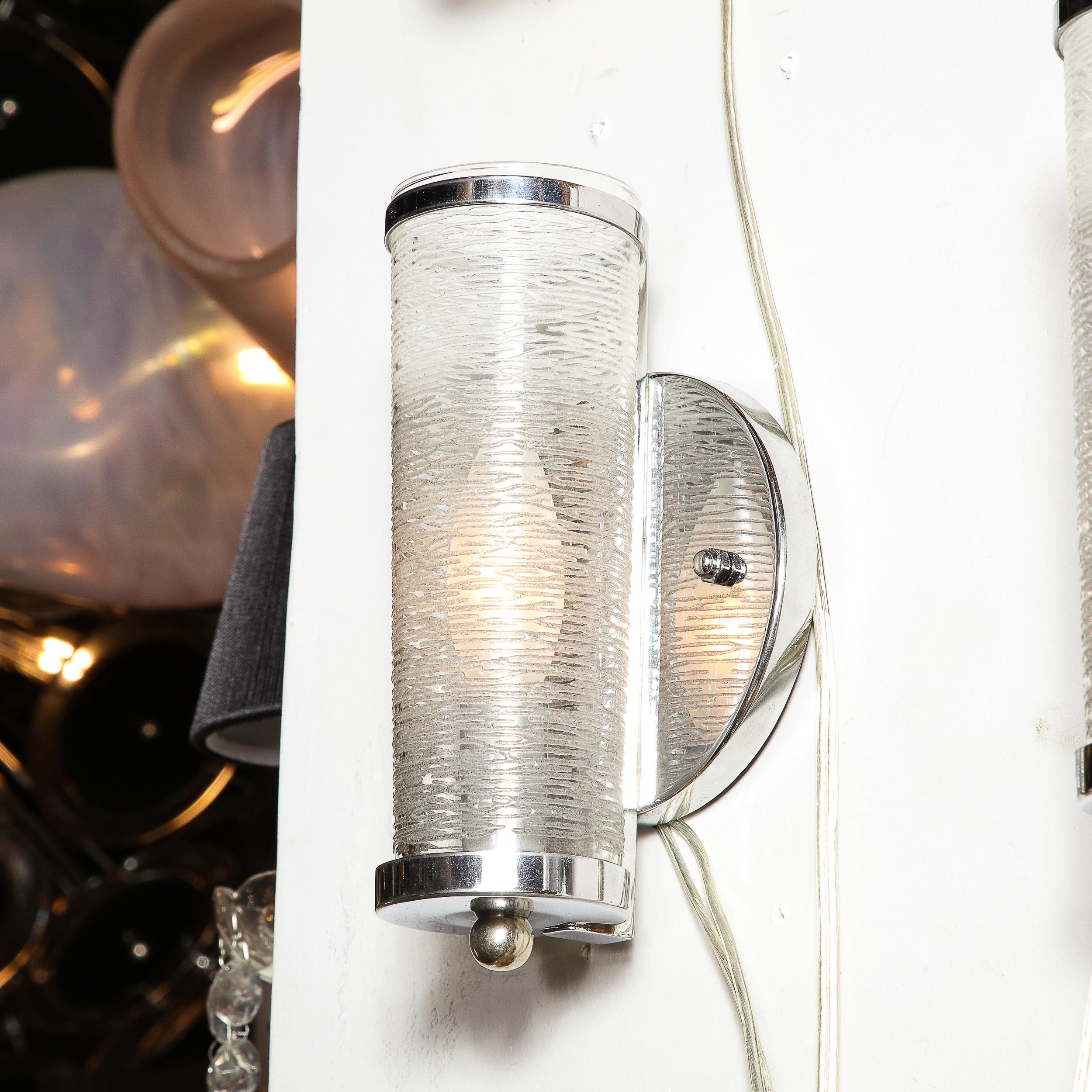 Art Deco Machine Age Cylindrical Textured Glass Sconces with Chrome Fittings  For Sale 4