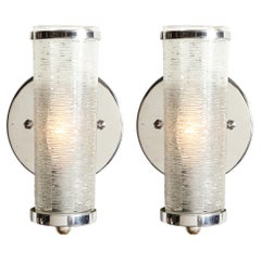 Art Deco Machine Age Cylindrical Textured Glass Sconces with Chrome Fittings 