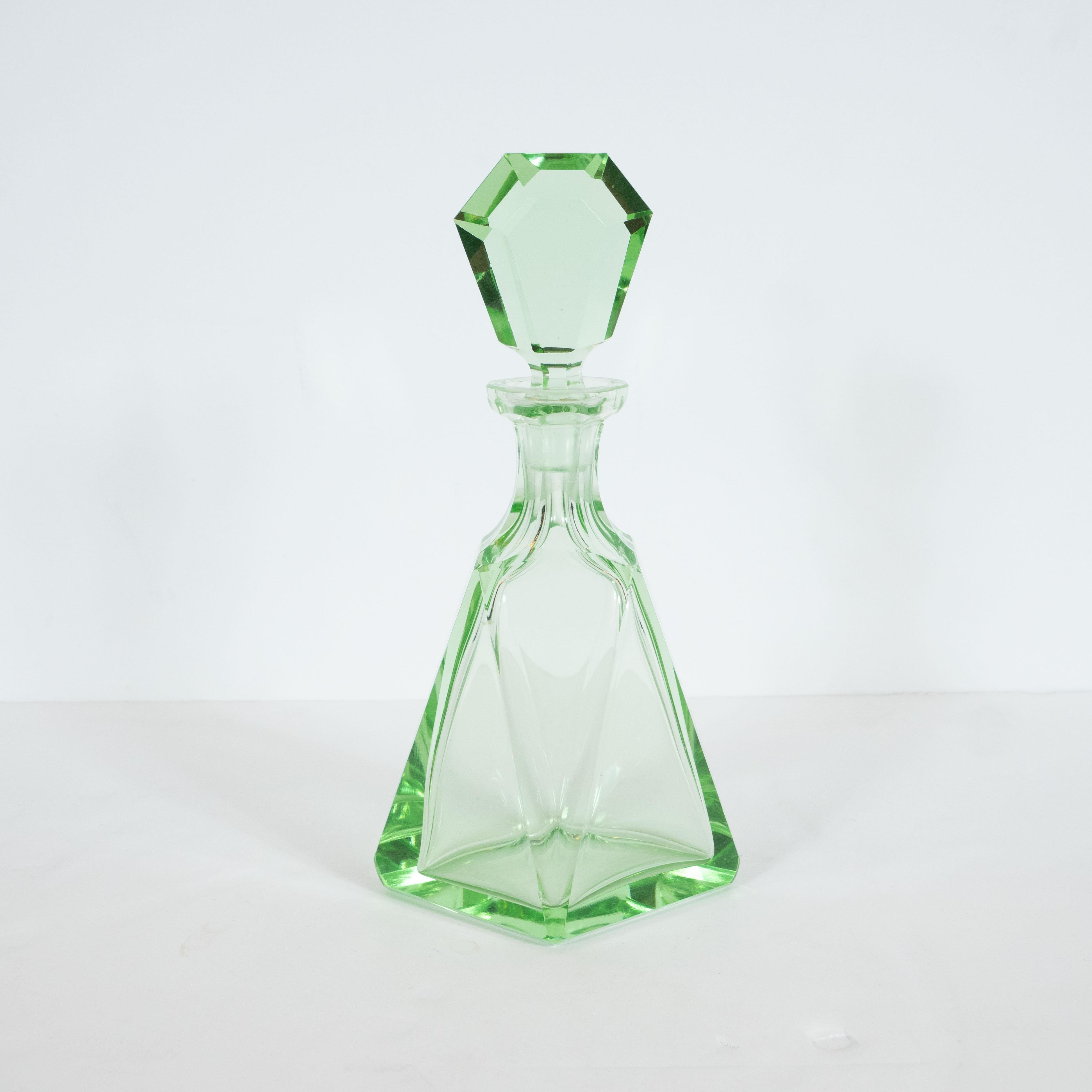 Art Deco Machine Age Czech Five-Piece Faceted Emerald Glass Decanter Set In Excellent Condition In New York, NY