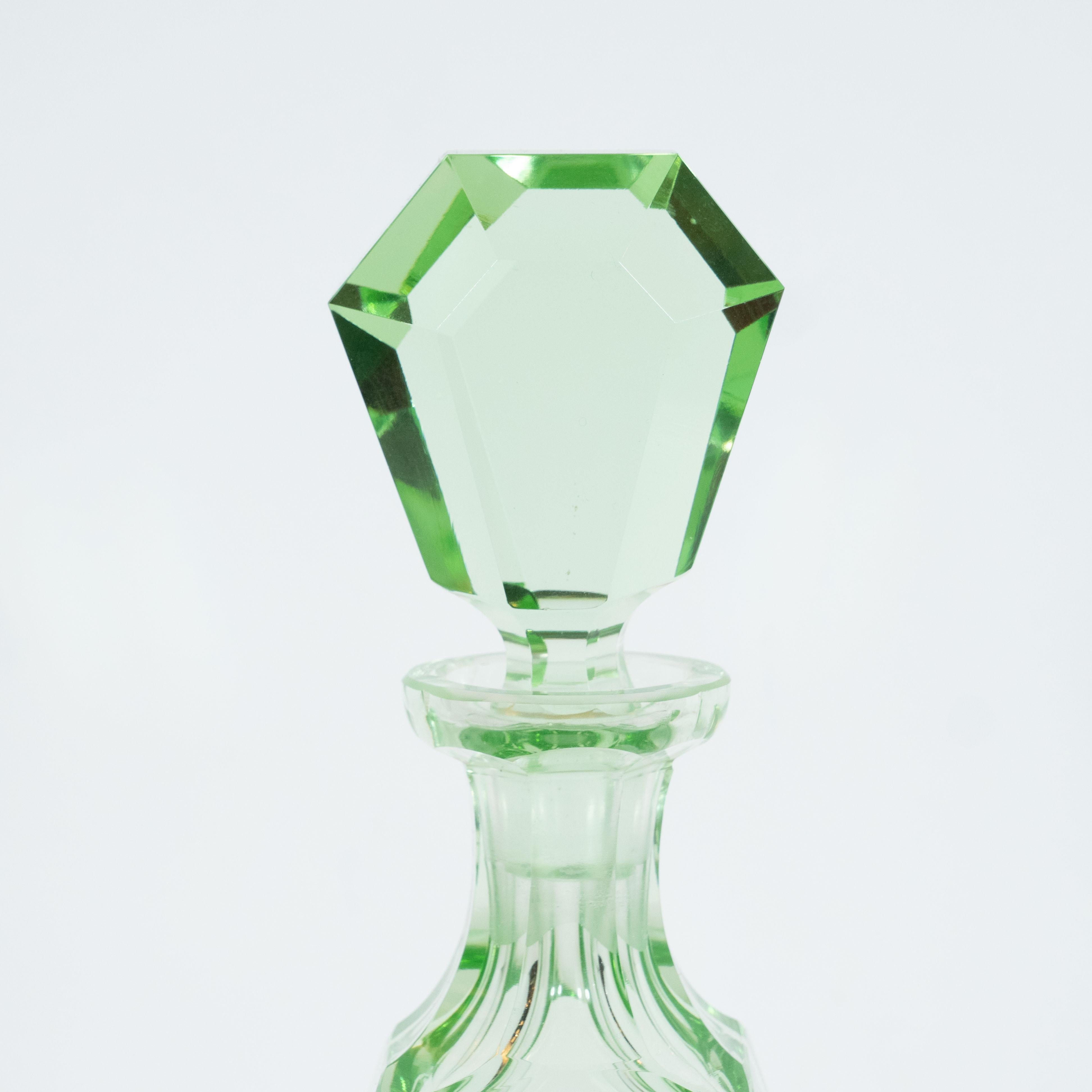 Mid-20th Century Art Deco Machine Age Czech Five-Piece Faceted Emerald Glass Decanter Set