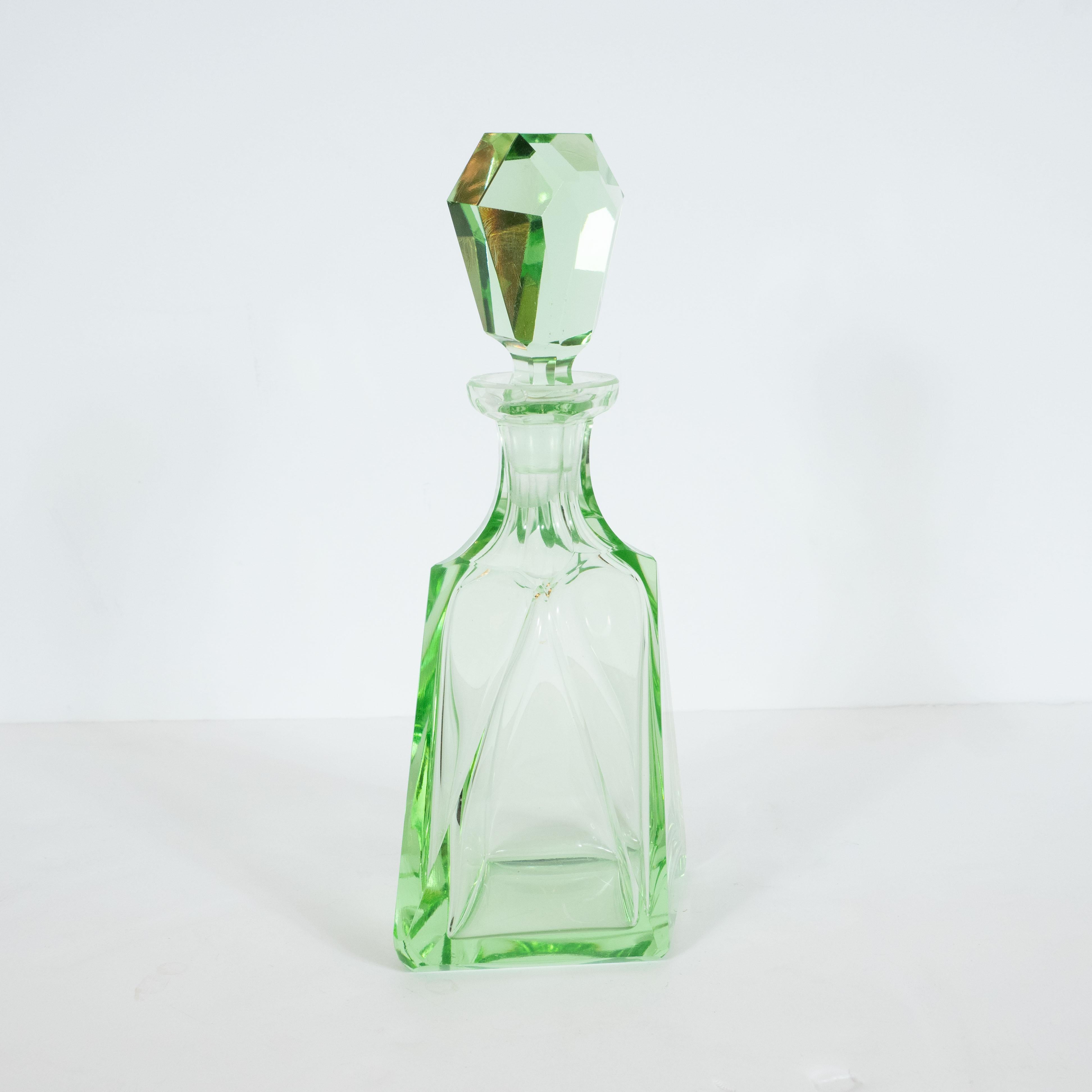 Art Deco Machine Age Czech Five-Piece Faceted Emerald Glass Decanter Set 2