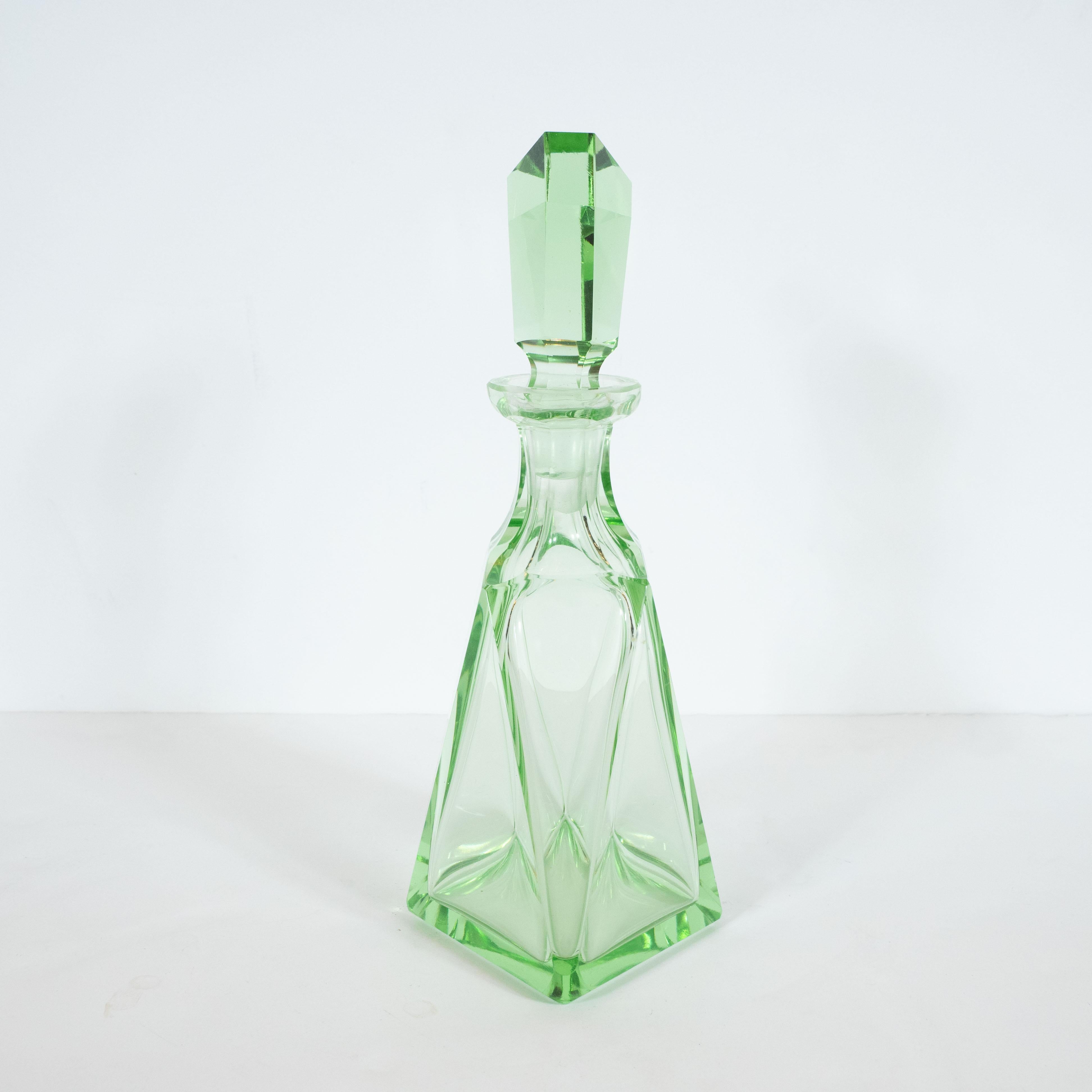 Art Deco Machine Age Czech Five-Piece Faceted Emerald Glass Decanter Set 3