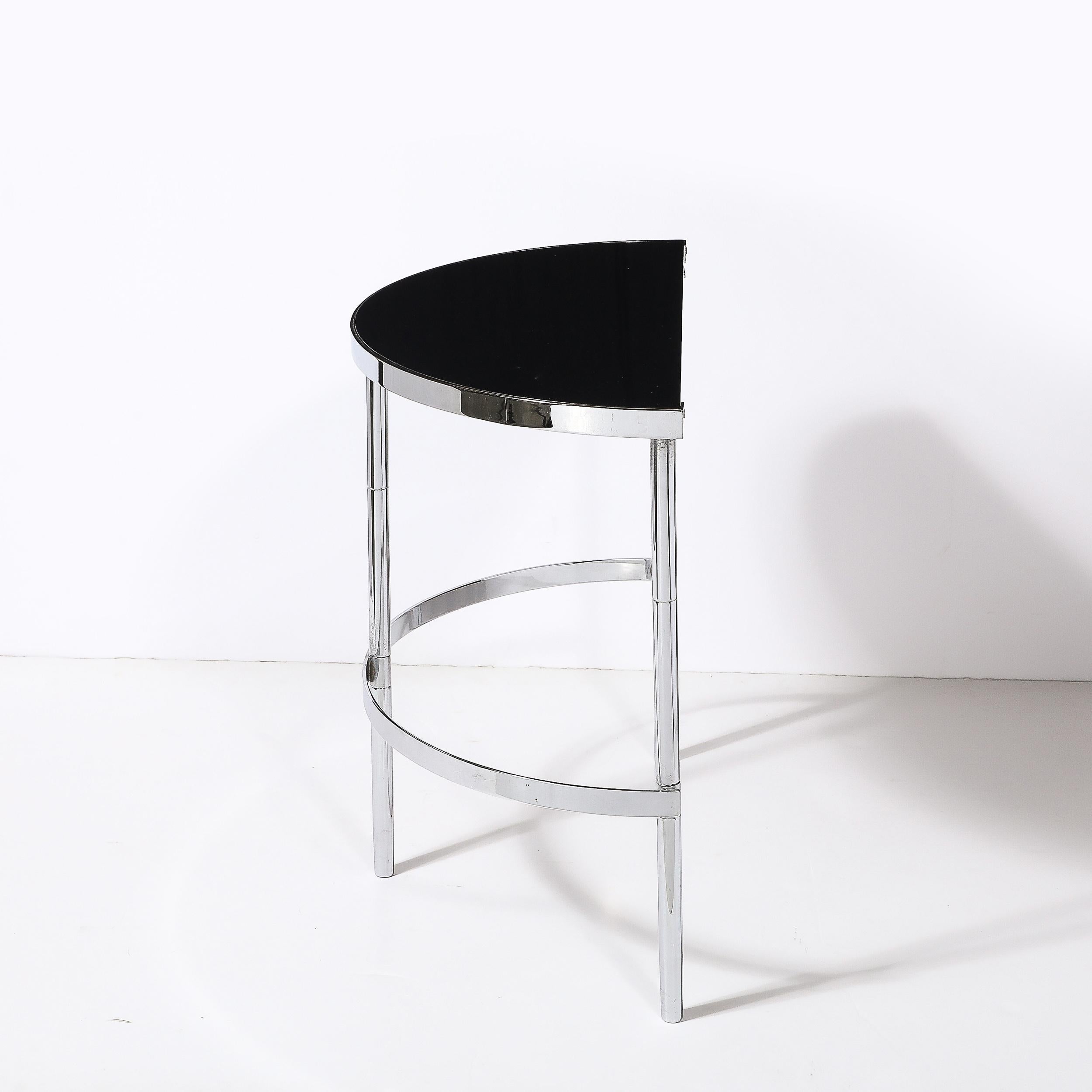 Lacquered Art Deco Machine Age Demilune Side Table in Polished Chrome & Black Lacquer For Sale