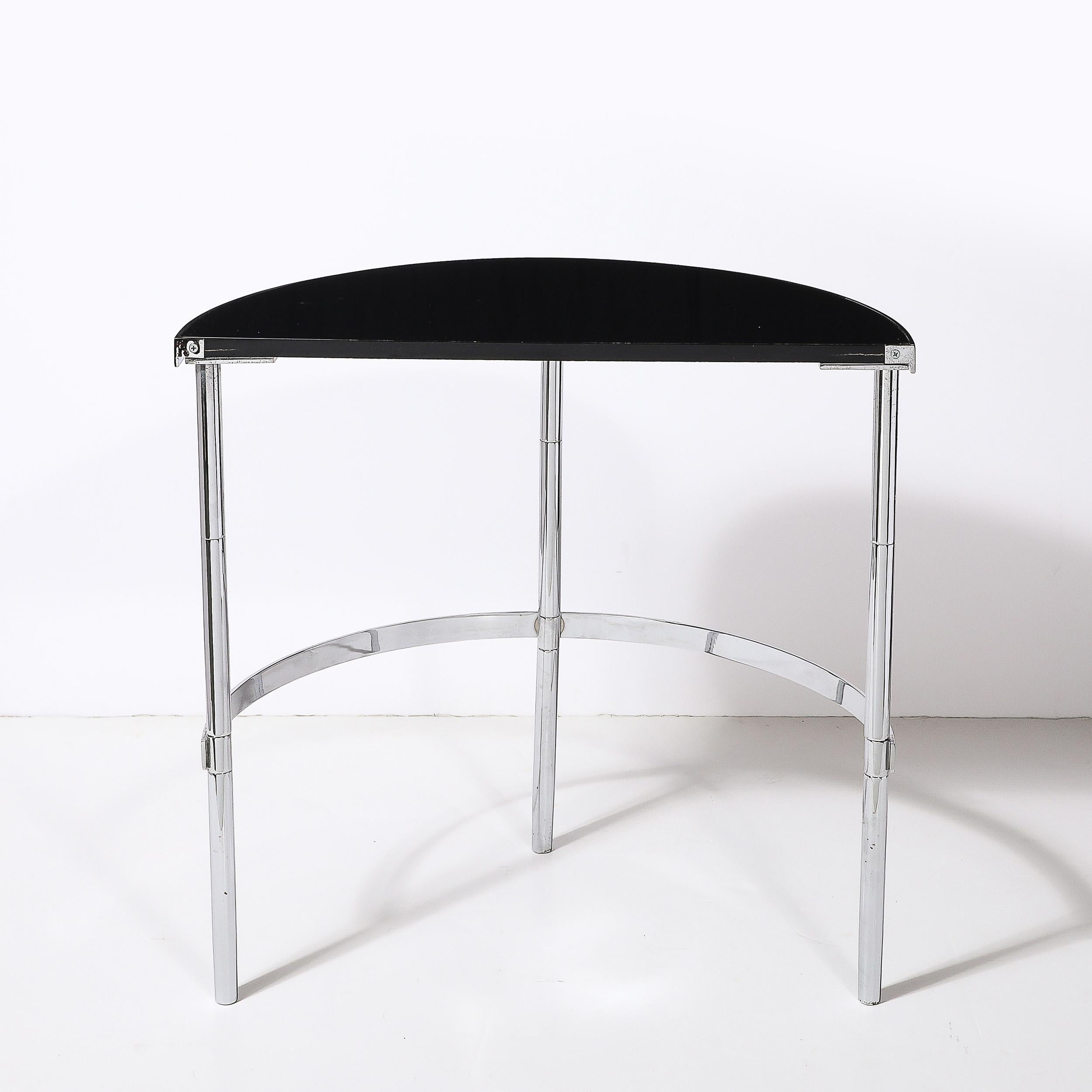 Art Deco Machine Age Demilune Side Table in Polished Chrome & Black Lacquer In Excellent Condition For Sale In New York, NY