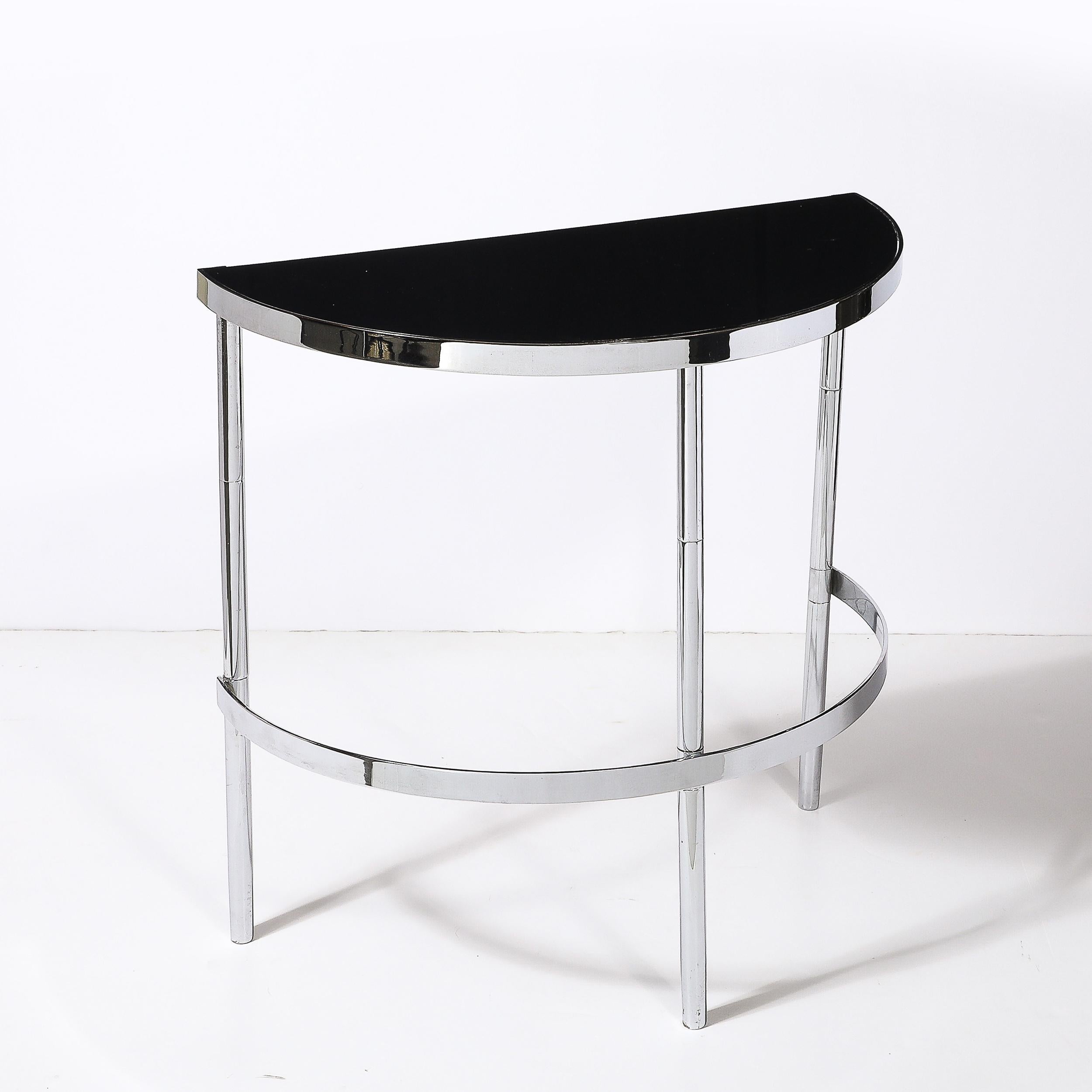 Art Deco Machine Age Demilune Side Table in Polished Chrome & Black Lacquer For Sale 1