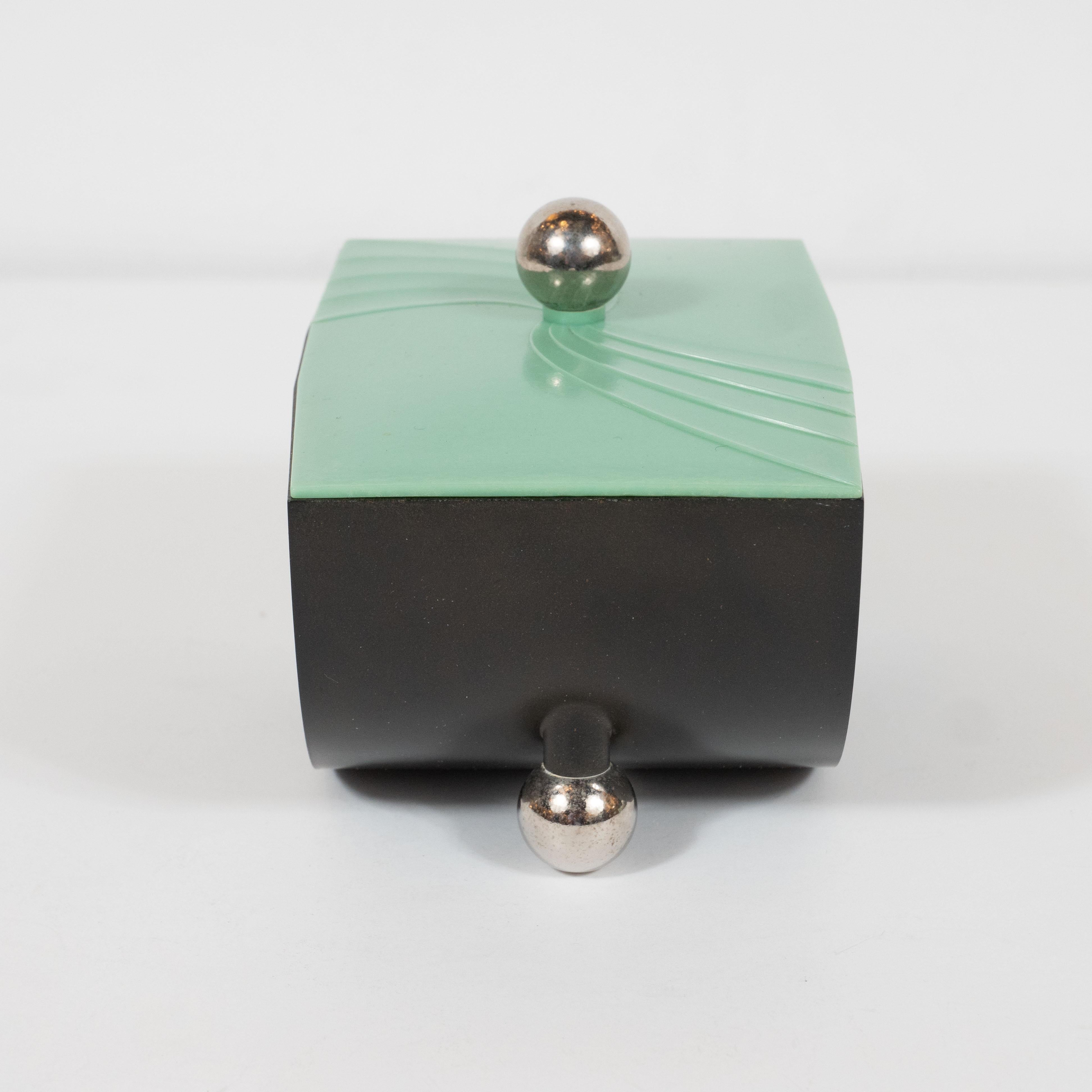 Mid-20th Century Art Deco Machine Age Demilune Streamlined Bakelite Box with Chrome Ball Feet
