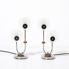 Art Deco Machine Age Dual Arm Chrome & Frosted Glass Table Lamps w/ Bakelite