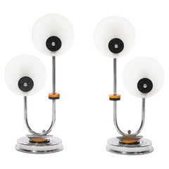 Art Deco Machine Age Dual Arm Chrome & Frosted Glass Table Lamps w/ Bakelite