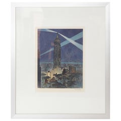 Vintage Art Deco Machine Age Empire State Skyscraper Color Lithograph Vernon Howe Bailey