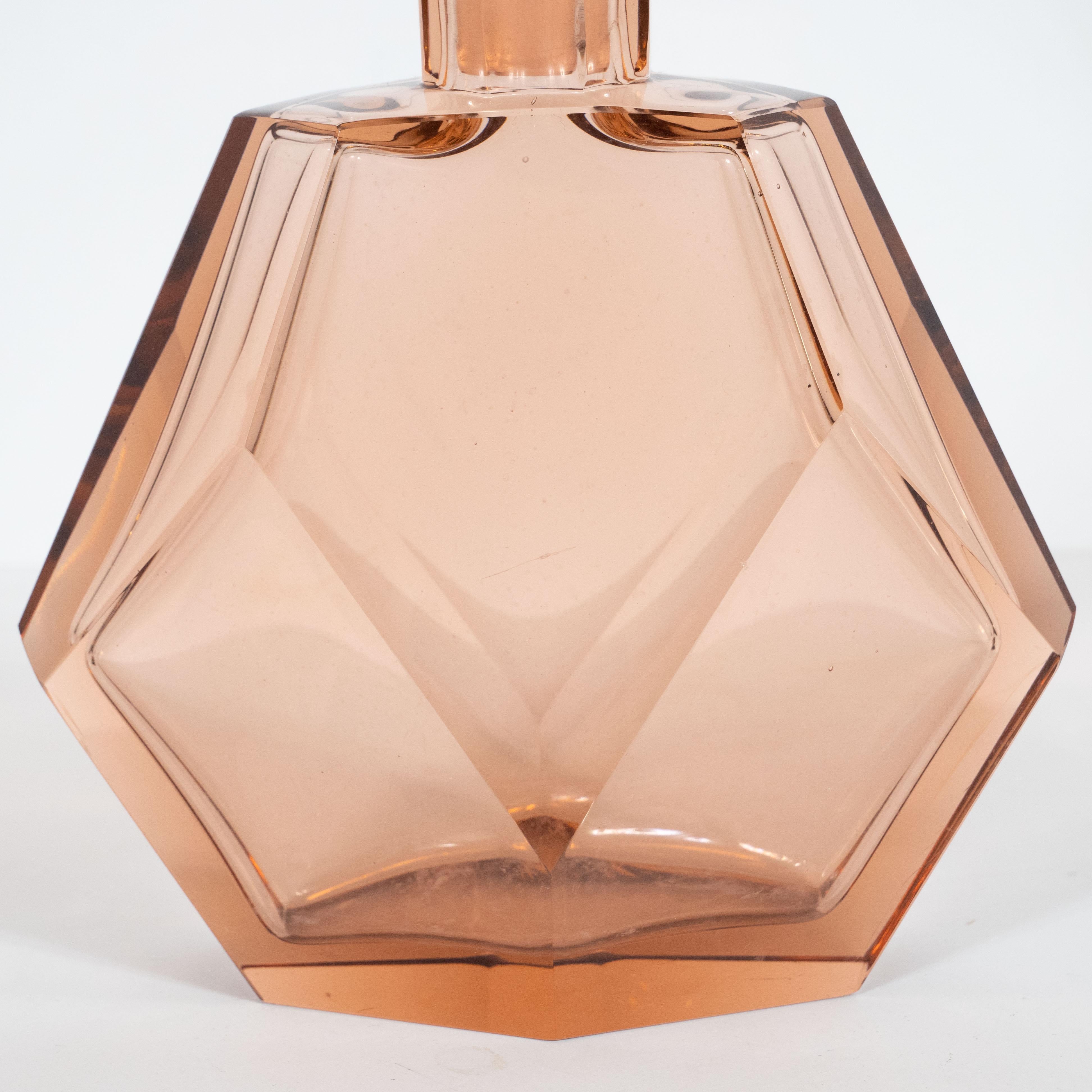 French Art Deco Machine Age Faceted Czech Glass Decanter in a Smoked Rose Hue