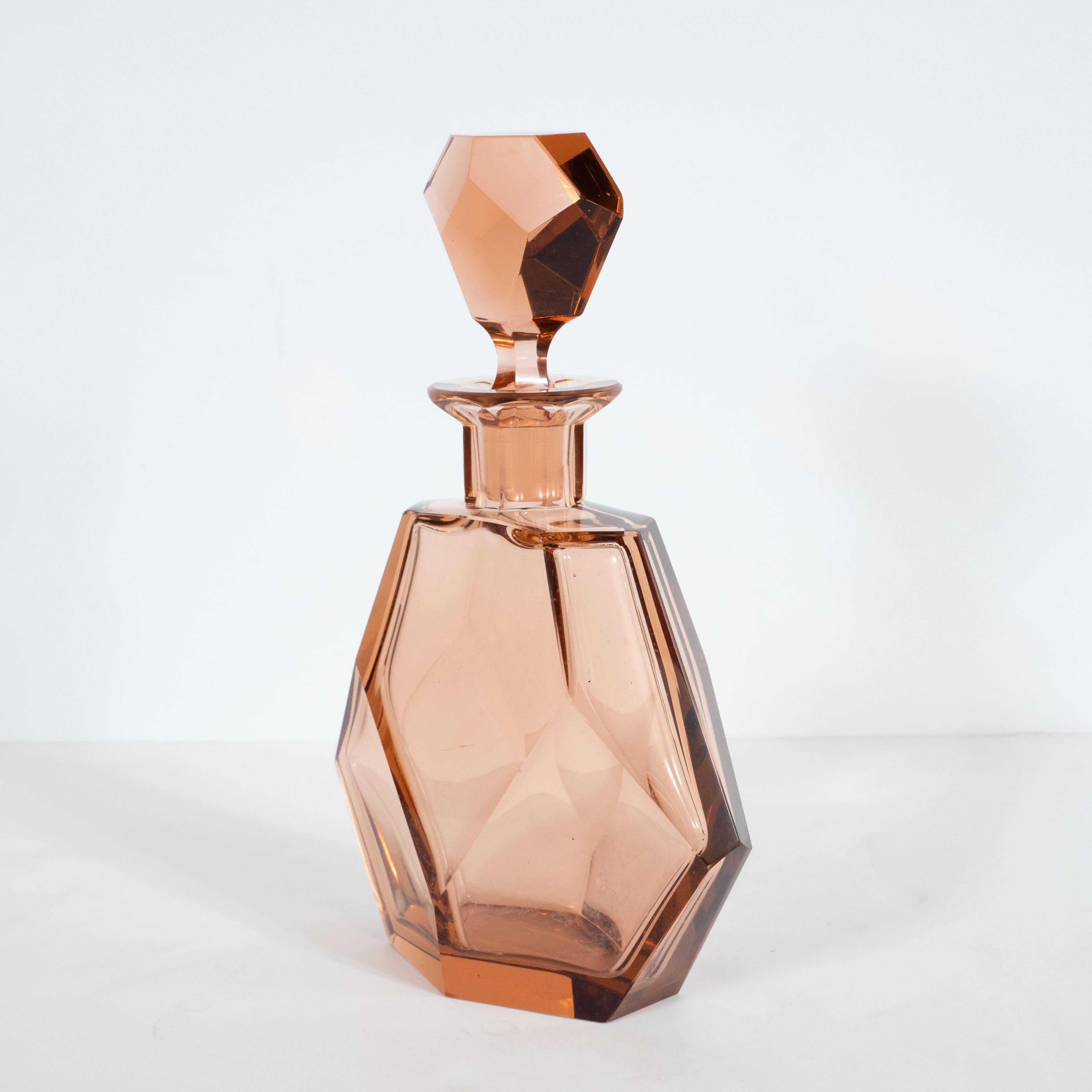 Art Deco Machine Age Faceted Czech Glass Decanter in a Smoked Rose Hue In Excellent Condition In New York, NY