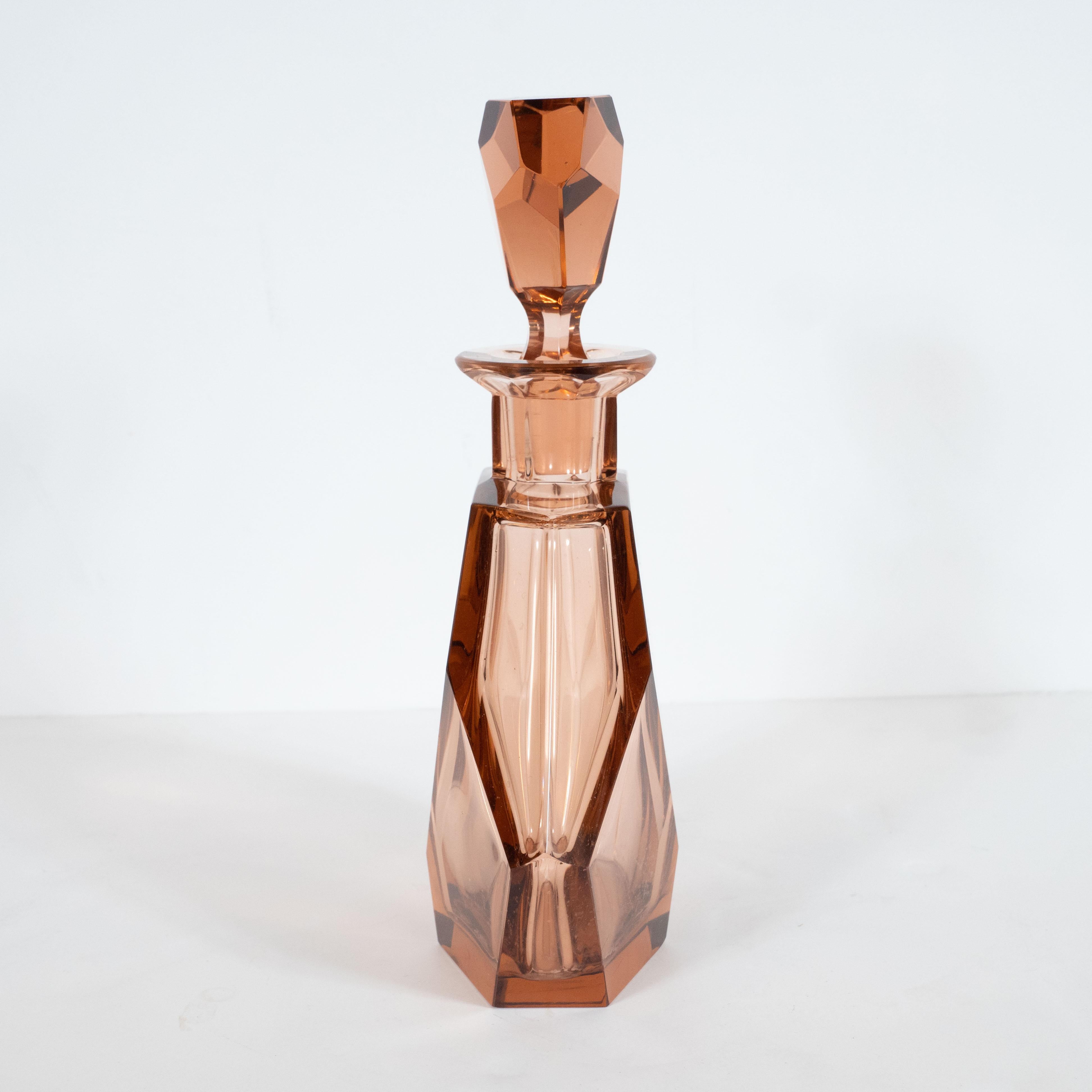 Mid-20th Century Art Deco Machine Age Faceted Czech Glass Decanter in a Smoked Rose Hue