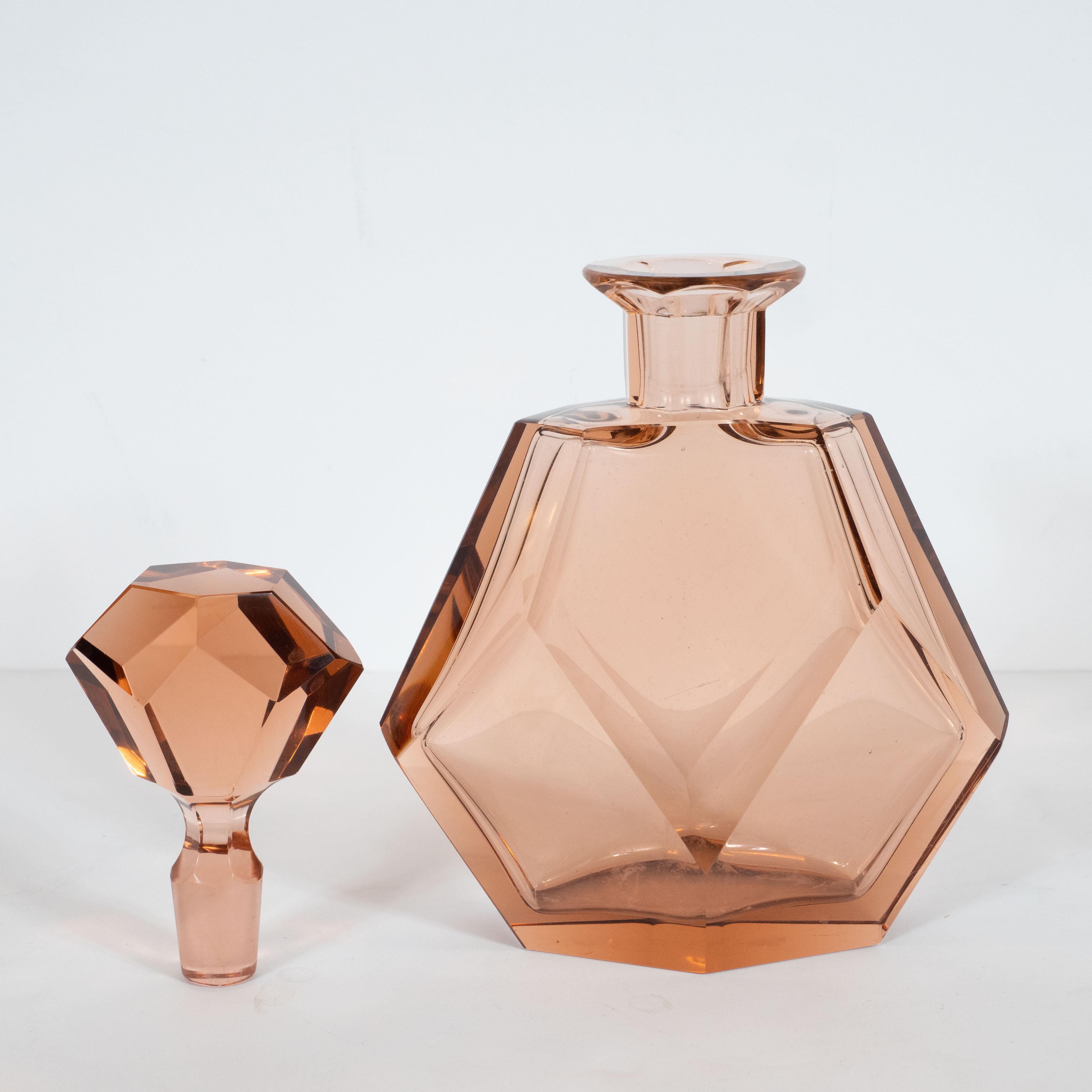 Art Deco Machine Age Faceted Czech Glass Decanter in a Smoked Rose Hue 1
