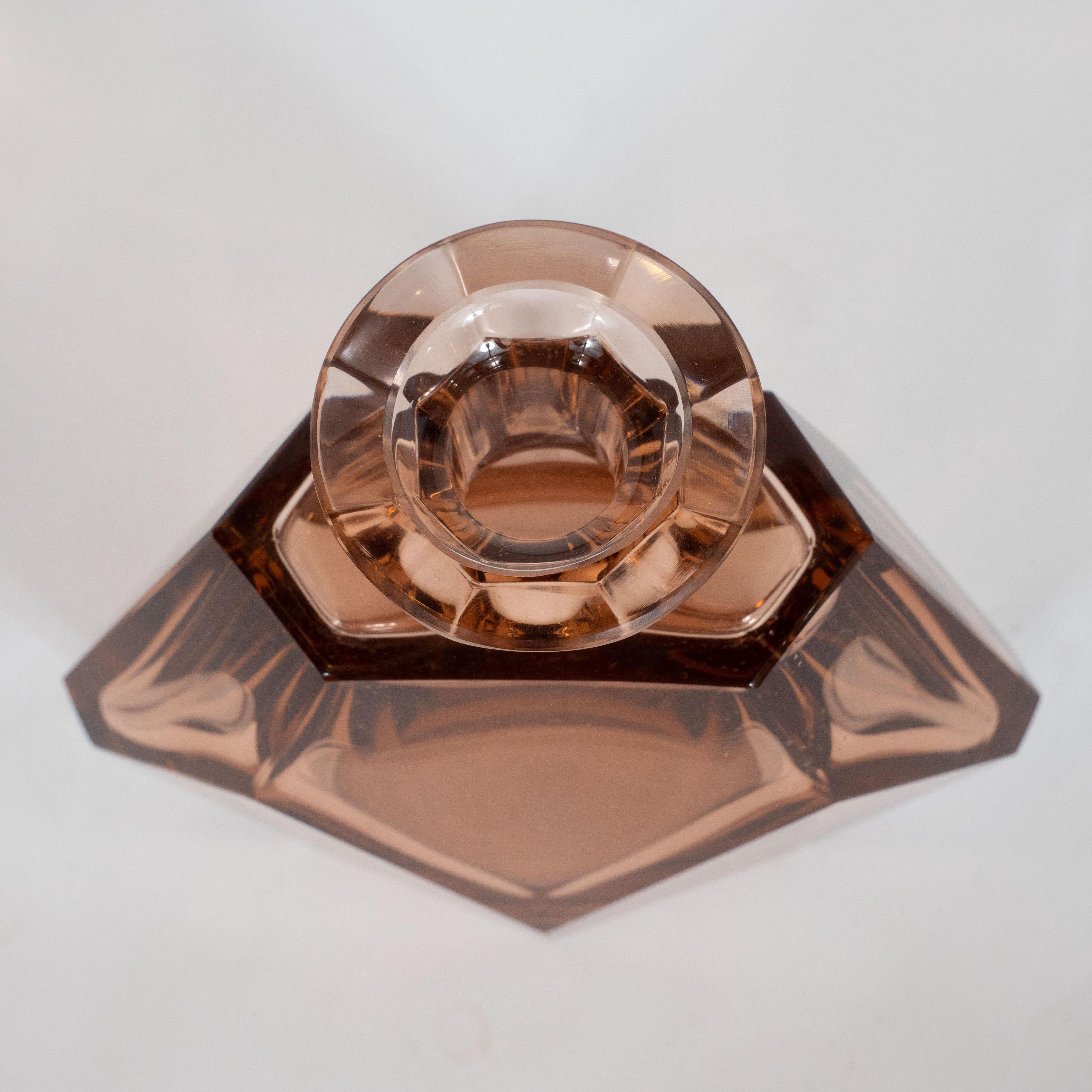 Art Deco Machine Age Faceted Czech Glass Decanter in a Smoked Rose Hue 2