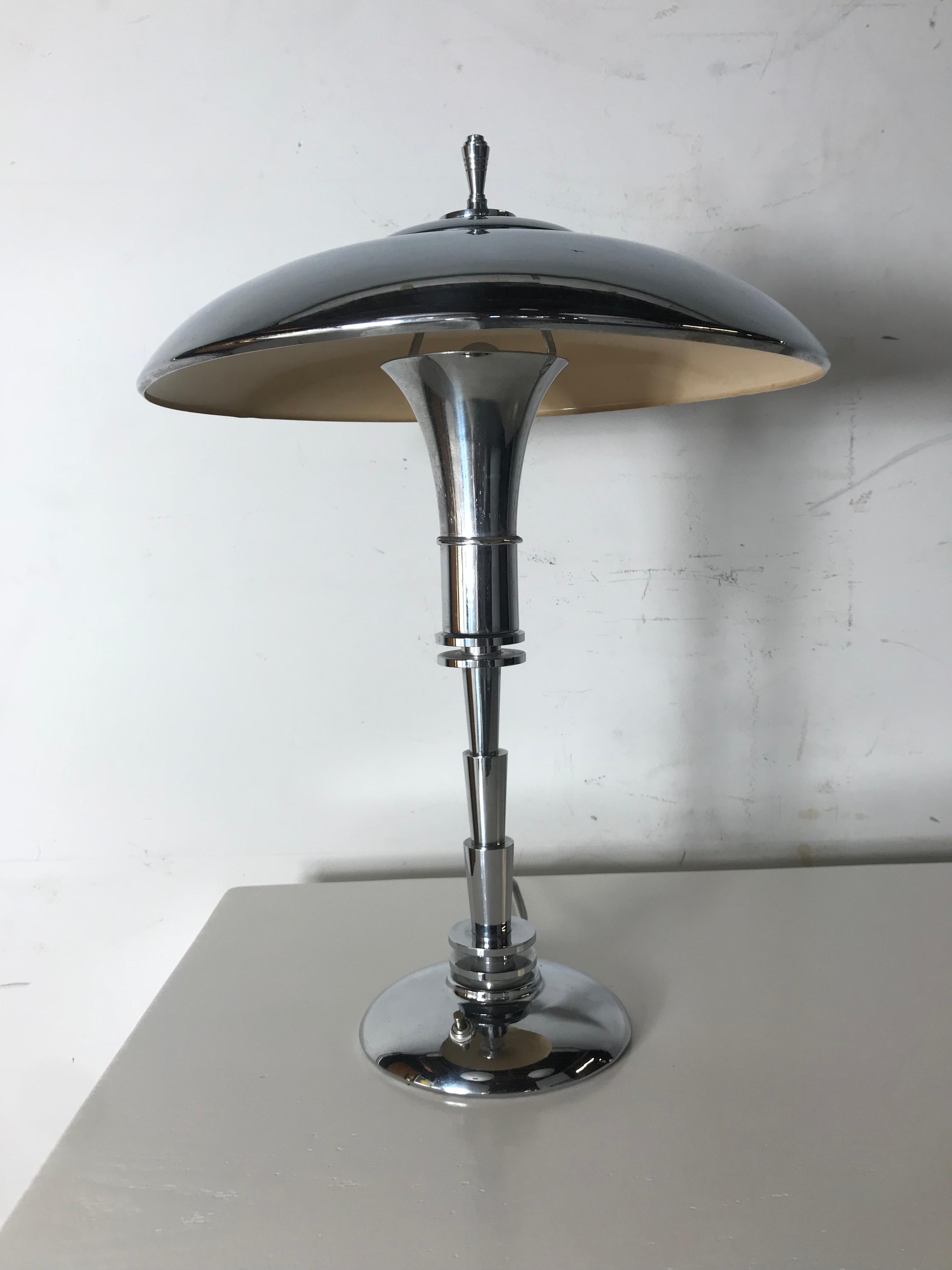 Art Deco Machine Age chrome desk by Faries Guardsman lamp attributed to KEM Weber, Classic elegant pure Art Deco design,, Wonderful polished chrome finish, retains original step chrome finial as well as original push button on/off switch, Signed