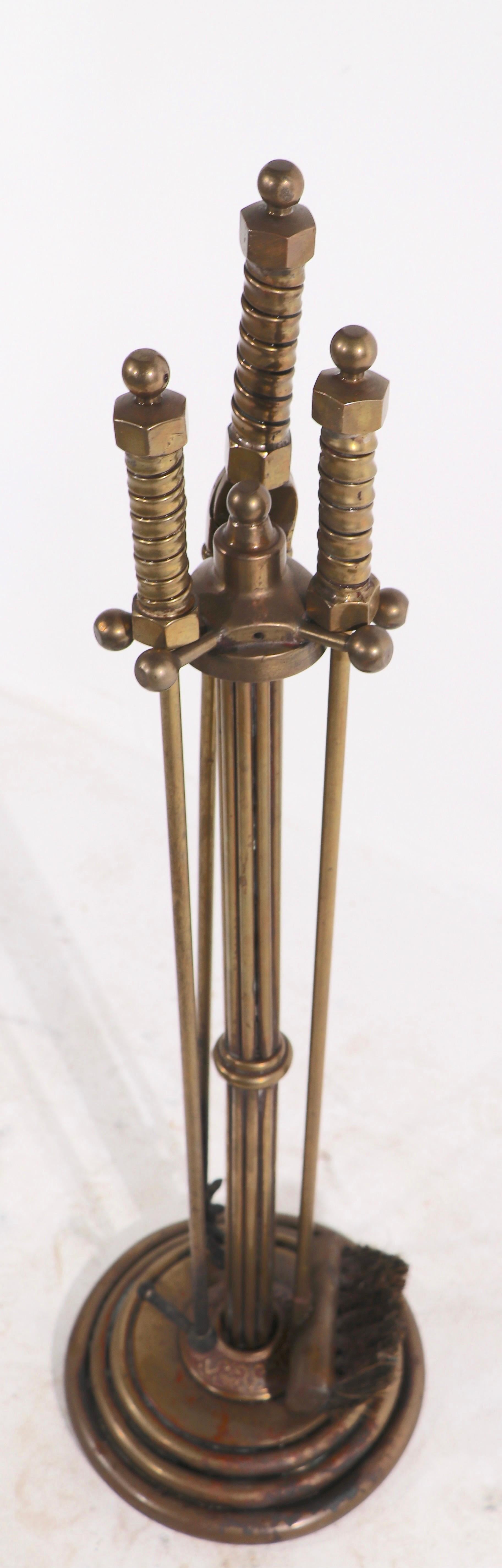20th Century Art Deco Machine Age Fireplace Tool Set in Brass For Sale