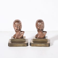 Art Deco Machine Age Flapper Bookends in Copper & Antique Brass signed Frankarts