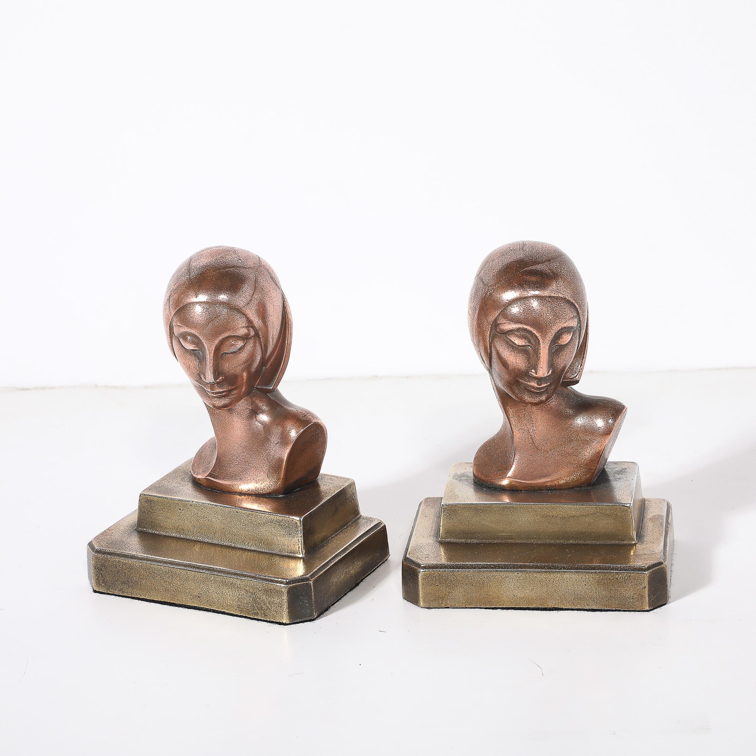 Art Deco Machine Age Flapper Bookends in Copper & Antique Brass signed Frankarts Art Decó en venta