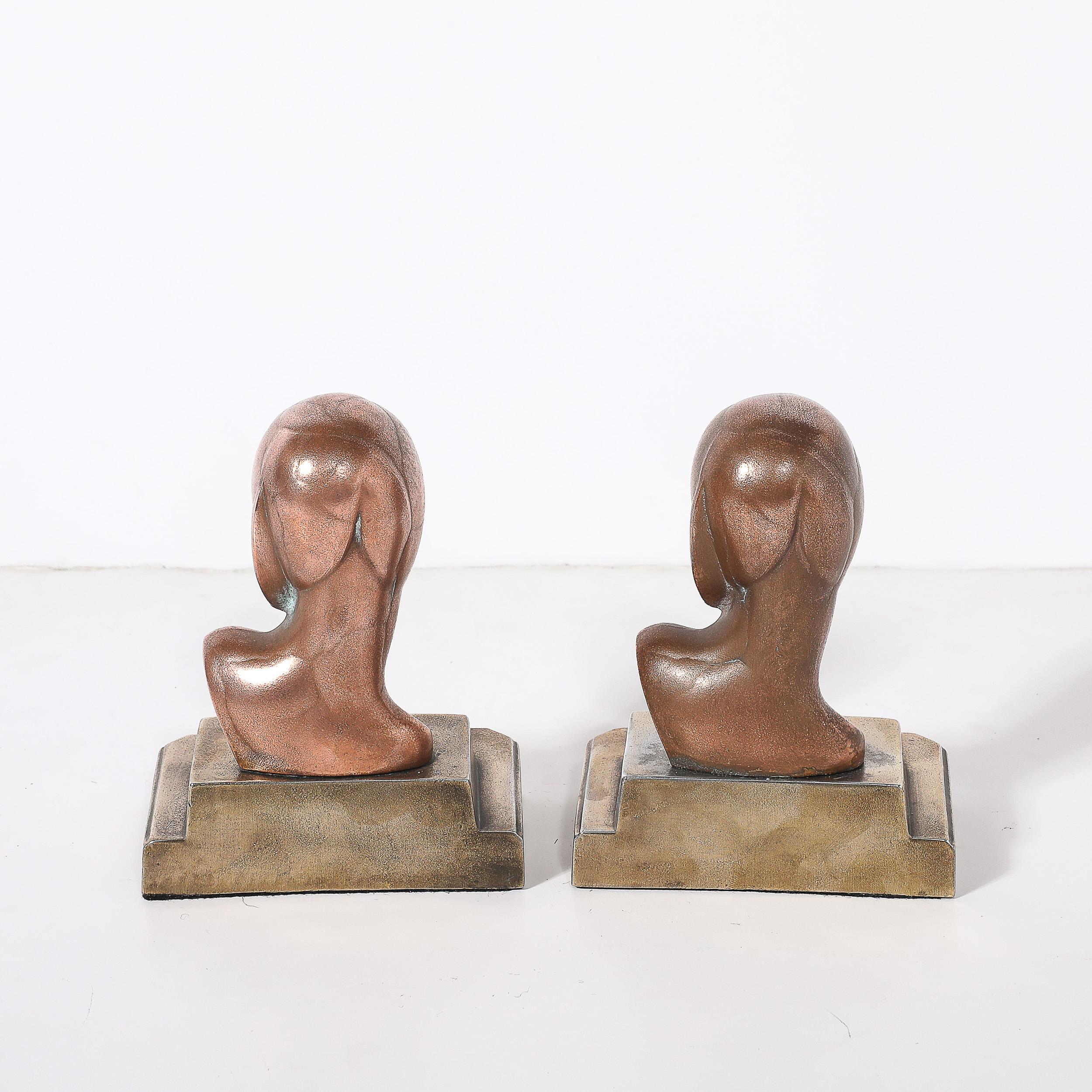 Art Deco Machine Age Flapper Bookends in Copper & Antique Brass signed Frankarts Latón en venta