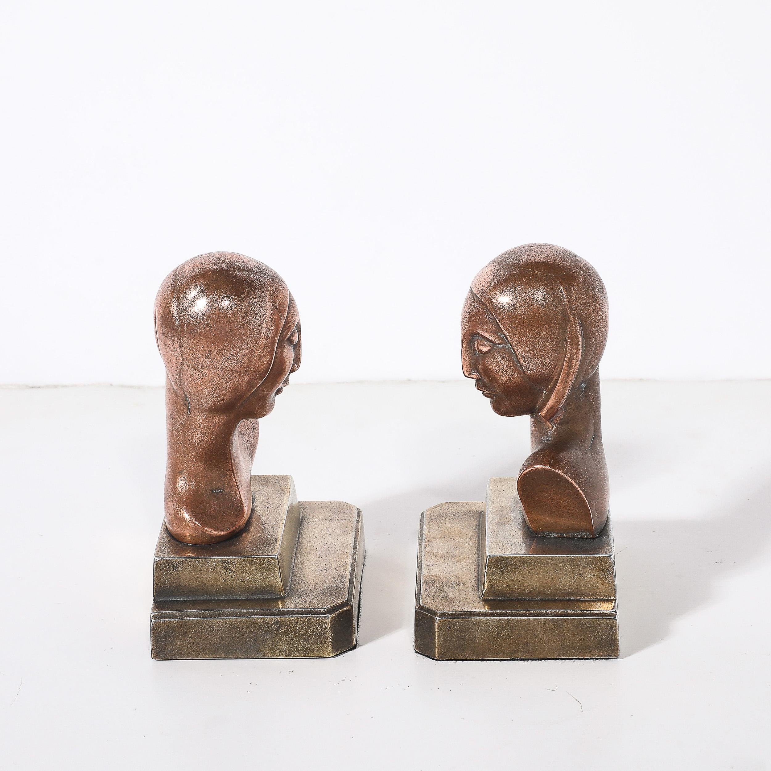 Art Deco Machine Age Flapper Bookends in Copper & Antique Brass signed Frankarts en venta 1