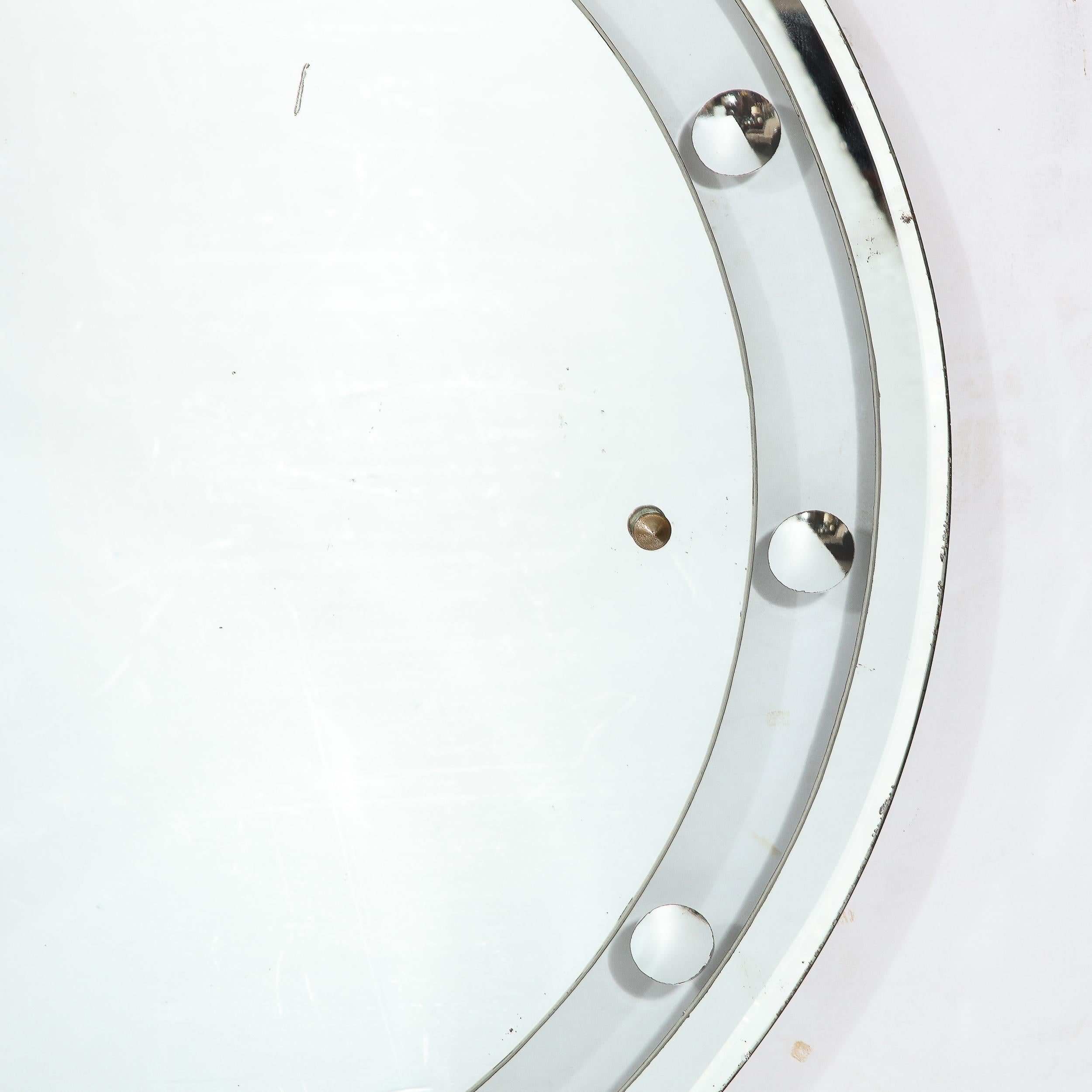 Mid-20th Century Art Deco Machine Age Floating Edge Round Banded Mirror W/ Reverse Bevel Details  For Sale