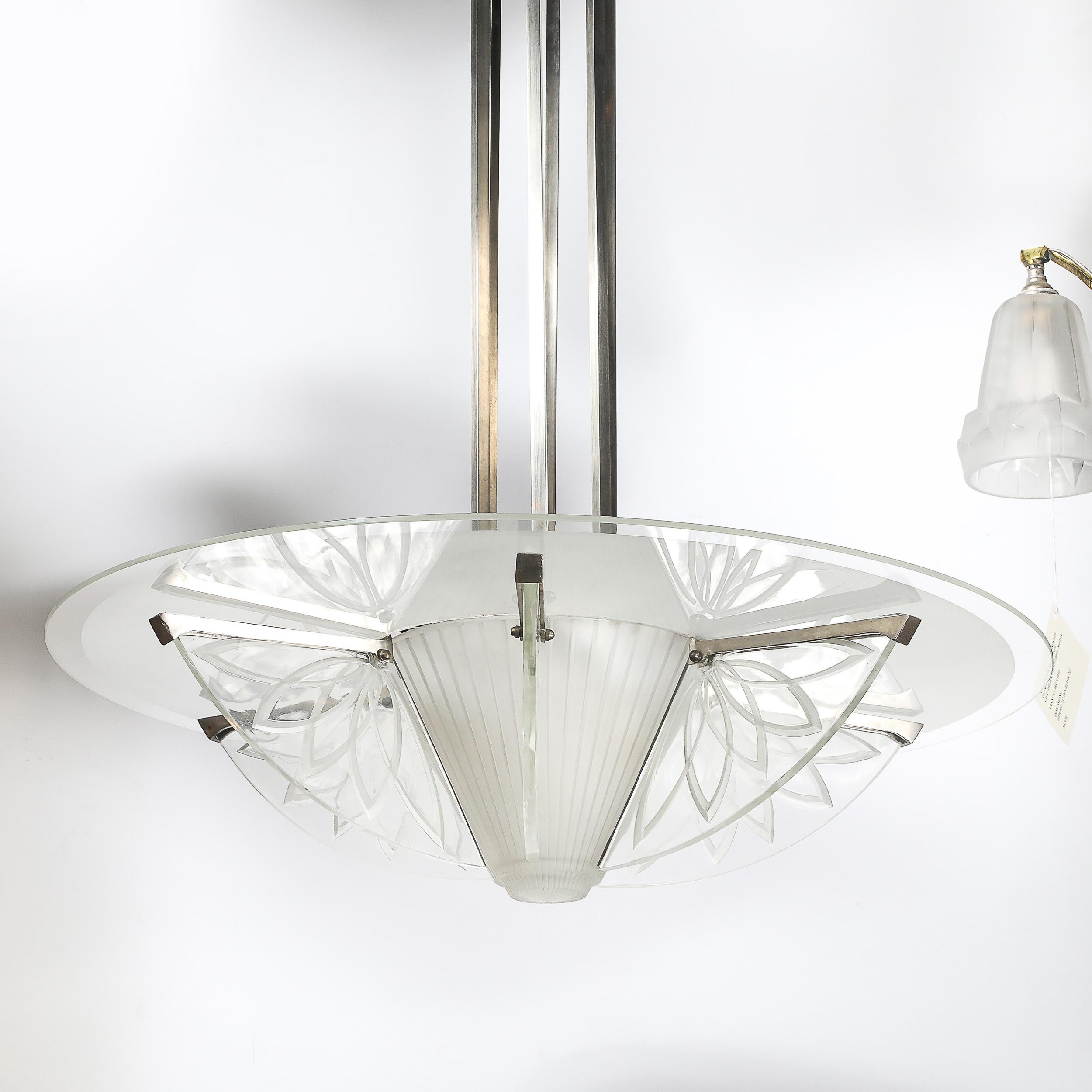 Art Deco Machine Age Frosted, Etched Glass & Nickel Chandelier by Pierre D'Avsen For Sale 5