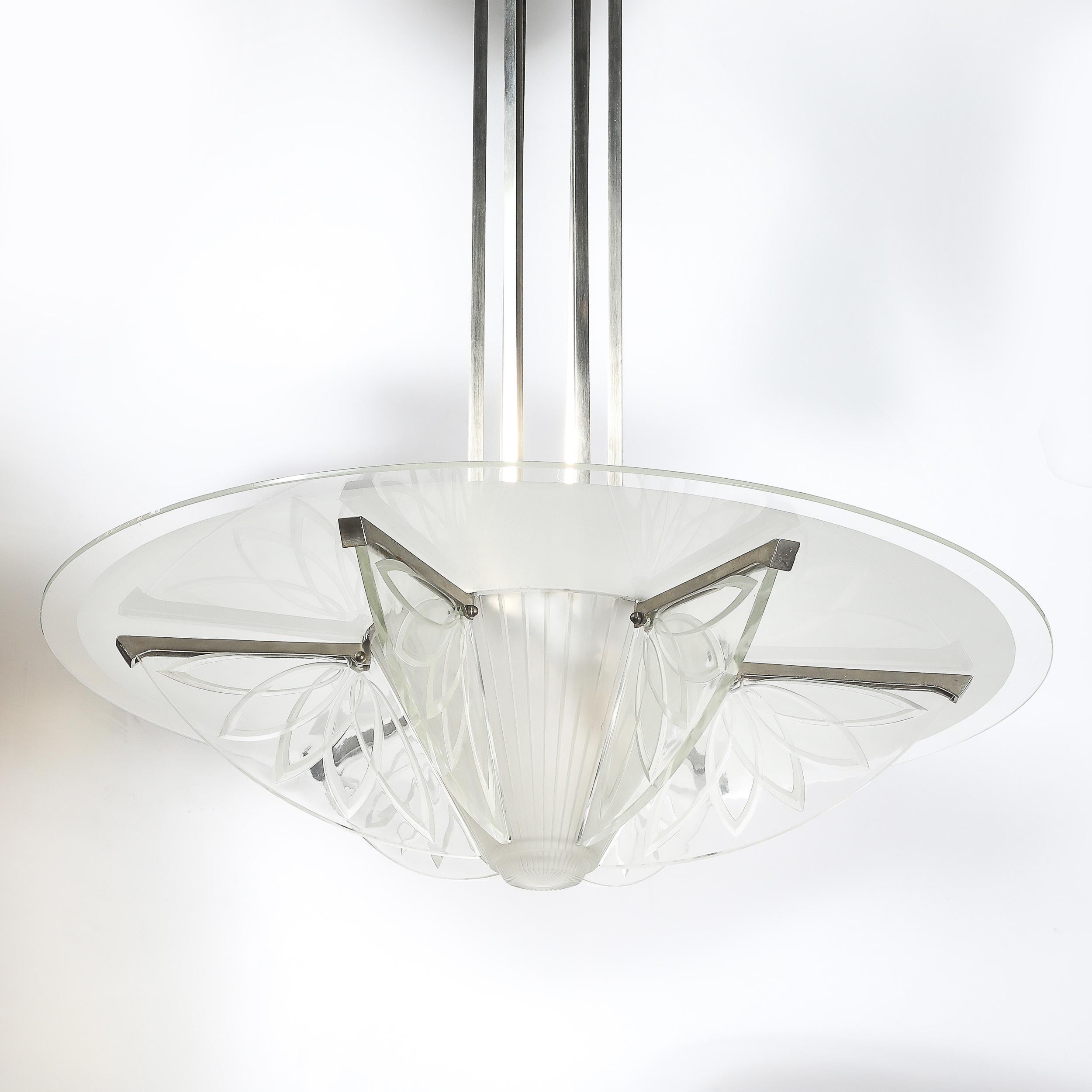 Art Deco Machine Age Frosted, Etched Glass & Nickel Chandelier by Pierre D'Avsen For Sale 6