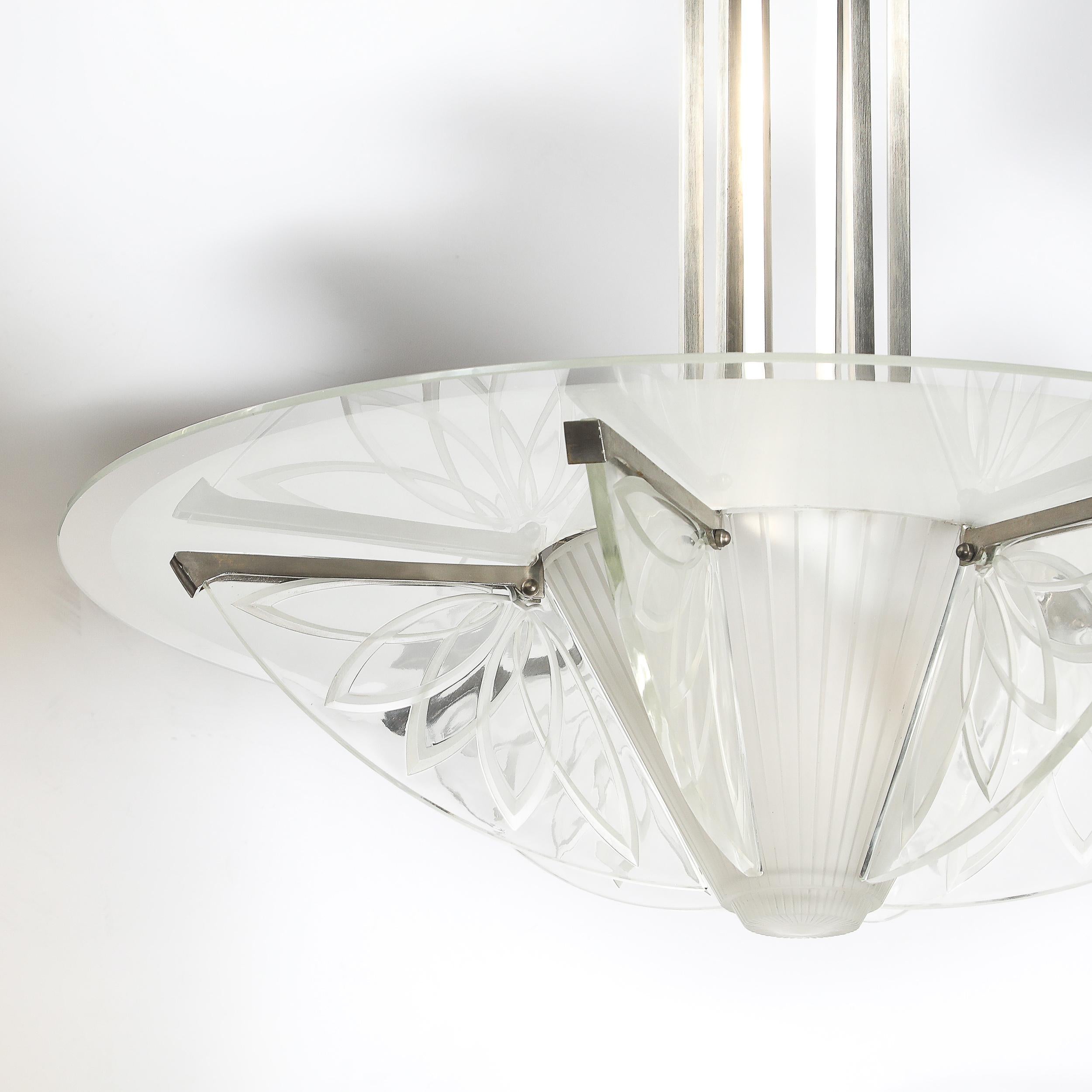 Art Deco Machine Age Frosted, Etched Glass & Nickel Chandelier by Pierre D'Avsen For Sale 7