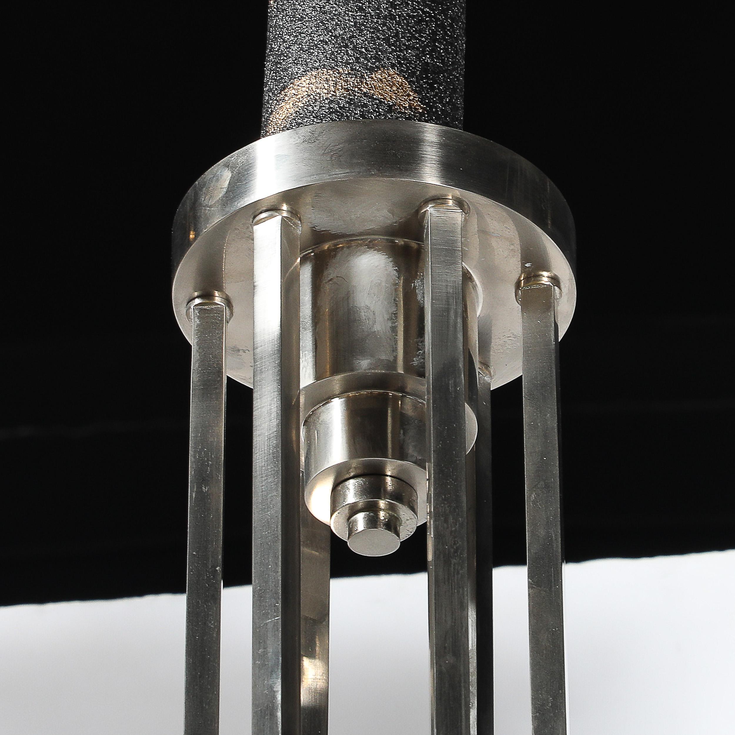 Art Deco Machine Age Frosted, Etched Glass & Nickel Chandelier by Pierre D'Avsen For Sale 8