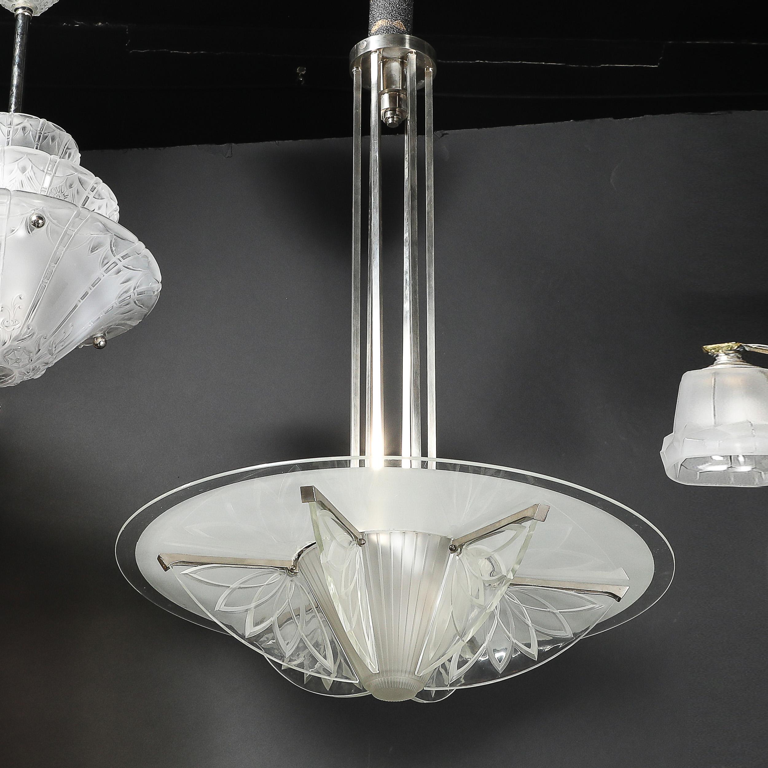 Art Deco Machine Age Frosted, Etched Glass & Nickel Chandelier by Pierre D'Avsen For Sale 9