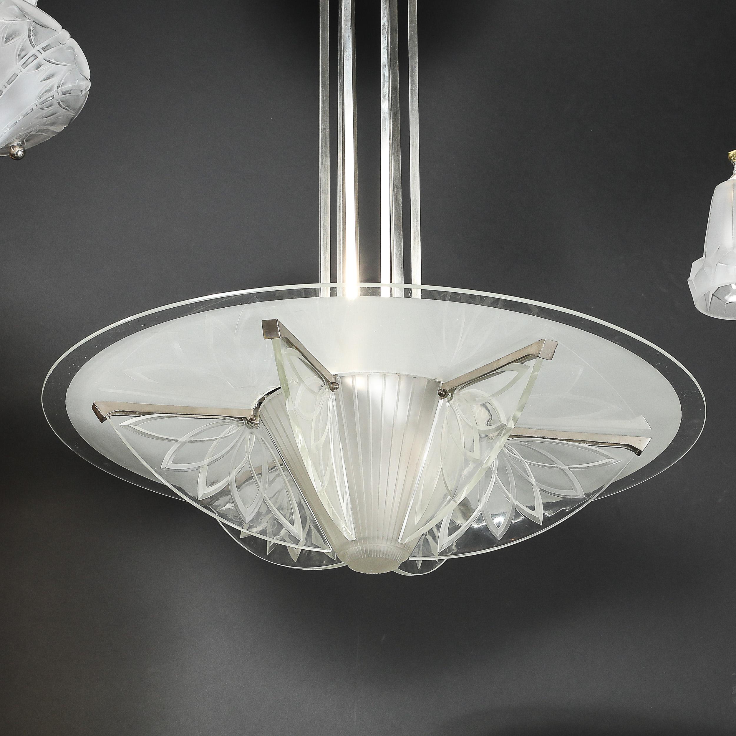 Art Deco Machine Age Frosted, Etched Glass & Nickel Chandelier by Pierre D'Avsen For Sale 10