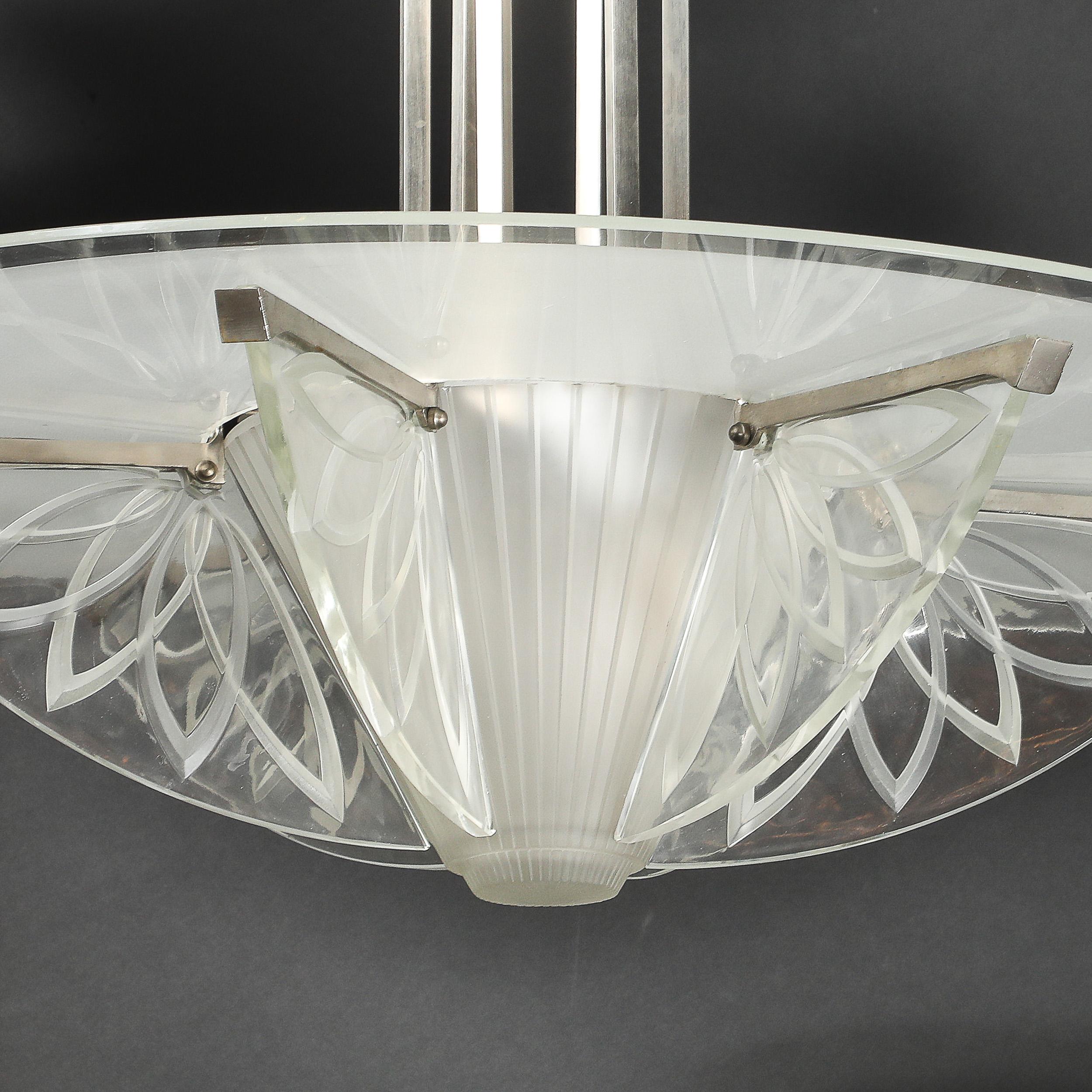 Art Deco Machine Age Frosted, Etched Glass & Nickel Chandelier by Pierre D'Avsen For Sale 11